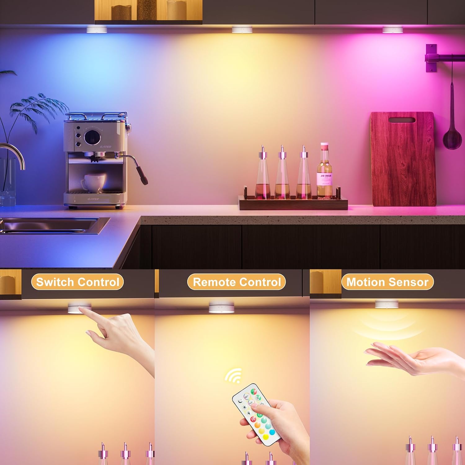 RGB Puck Lights with Remote & Motion Sensor – 1500mAh Rechargeable Under Cabinet Lighting for Kitchen, Closet & Stairs – 13 Colors, Magnetic Stick-On Lights, 6 Pack