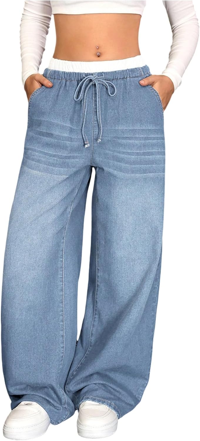 SHENHE Girl's Wide Leg Jeans Elastic Waist Drawstring Low Rise Y2k Baggy Jeans Denim Pants