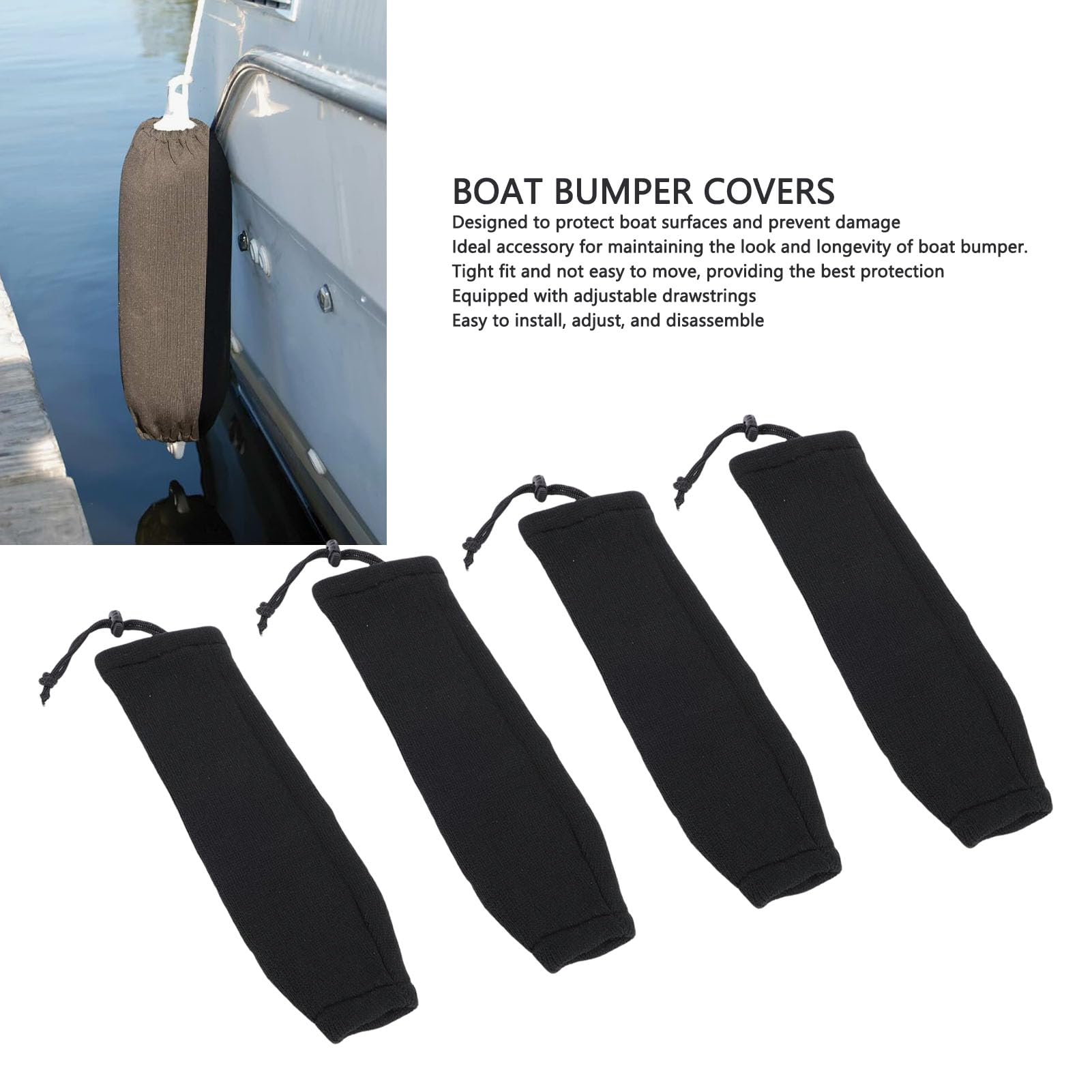 Fundas para defensas de Barco (Paquete de 4), de Fibra acrílica Negra, para defensas de Tubo de Doble Ojo y Cuerda Central, con Ajuste ceñido y protección Solar, 23 x 65 cm