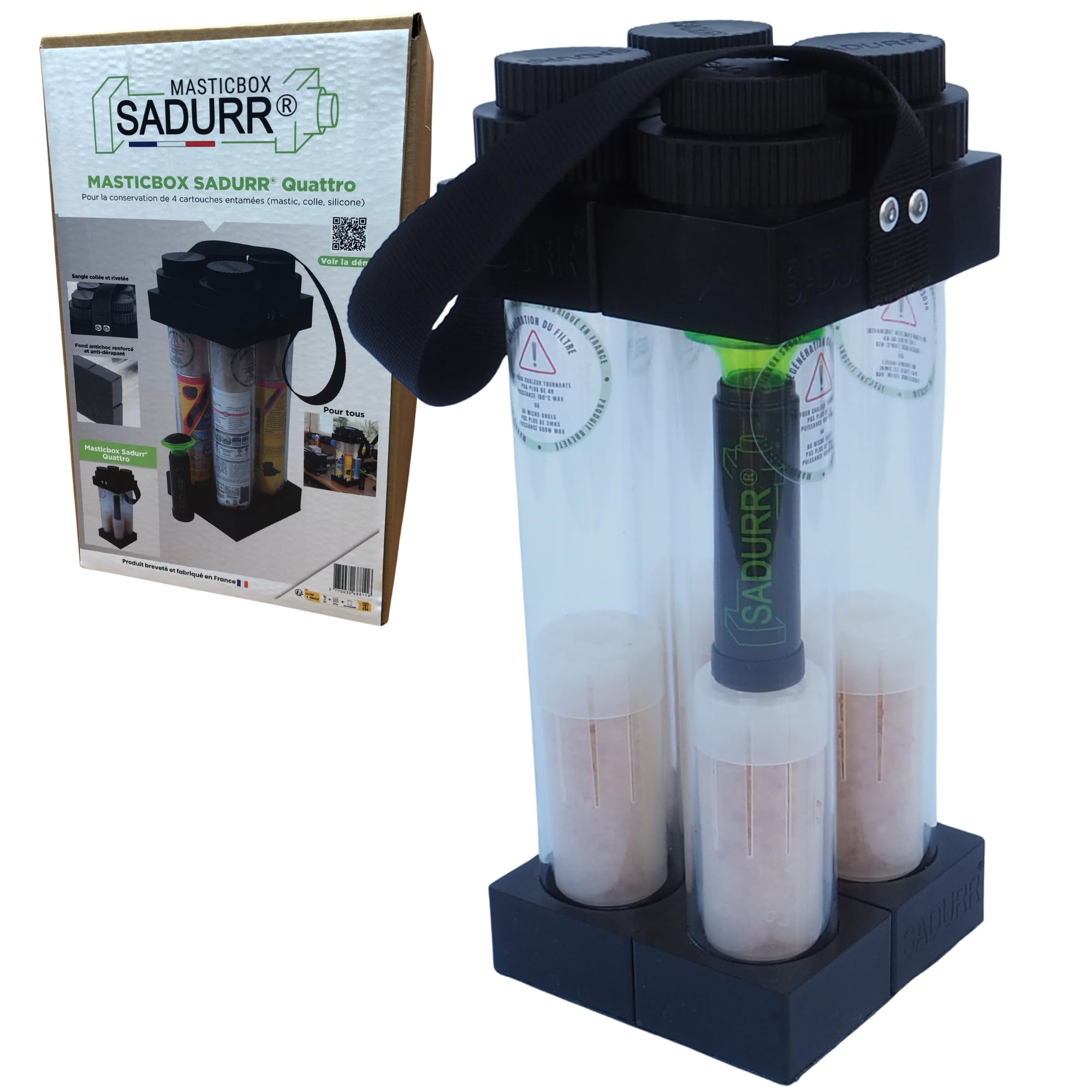 Masticbox SADURR® QUATTRO – Conservation des cartouches de silicone, mastic et colle entamées – Évite le durcissement prématuré et le gaspillage – Jusqu'à 4 cartouches | Conservation longue durée des cartouches entamées mastic - colle - silicone