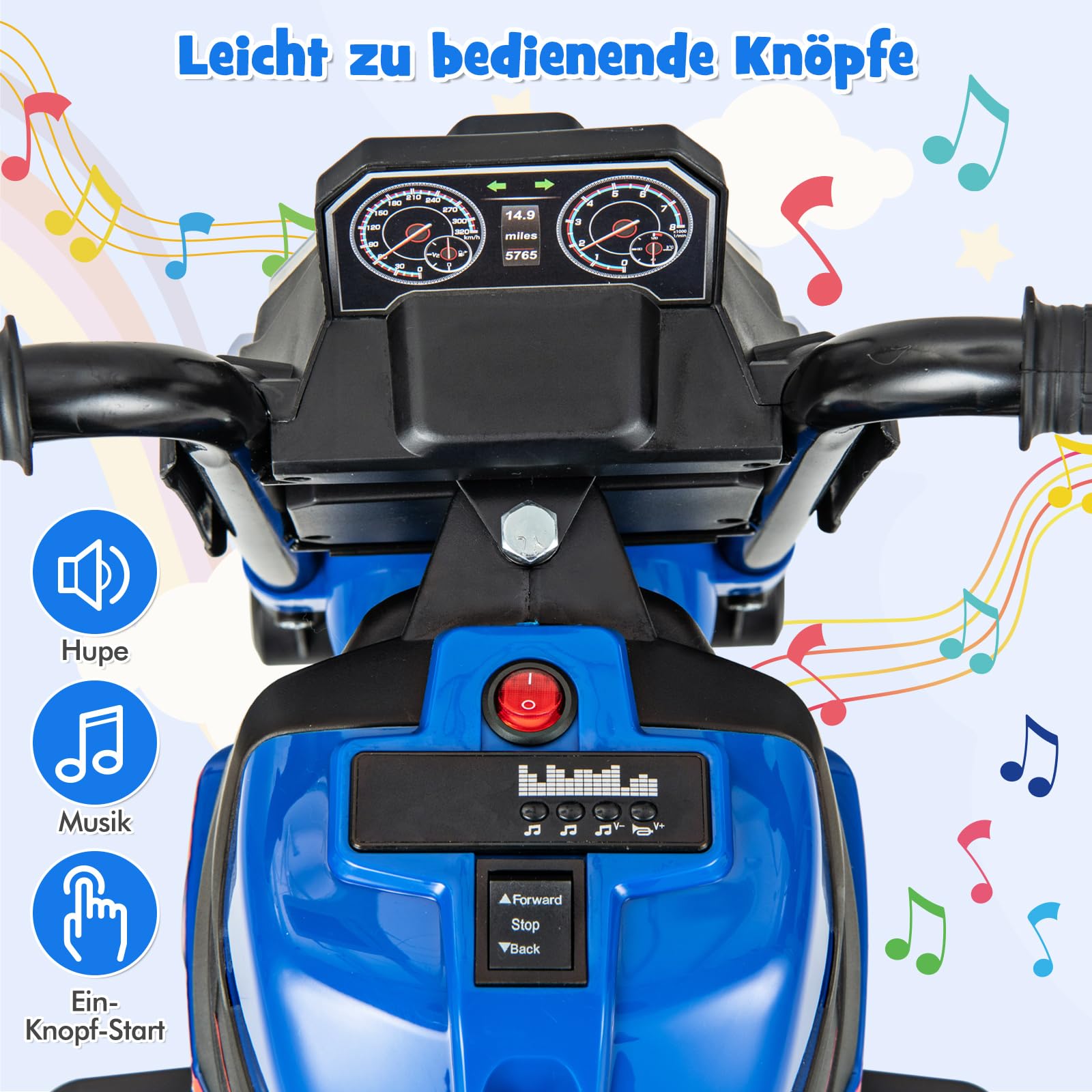 COSTWAY Elektro Motorrad Kinder, Elektromotorrad mit abnehmbaren Stützrädern & Scheinwerfer & Musik & Hupe, 2-3 km/h Motorrad Elektro für Kinder von 18-36 Monaten (Blau)