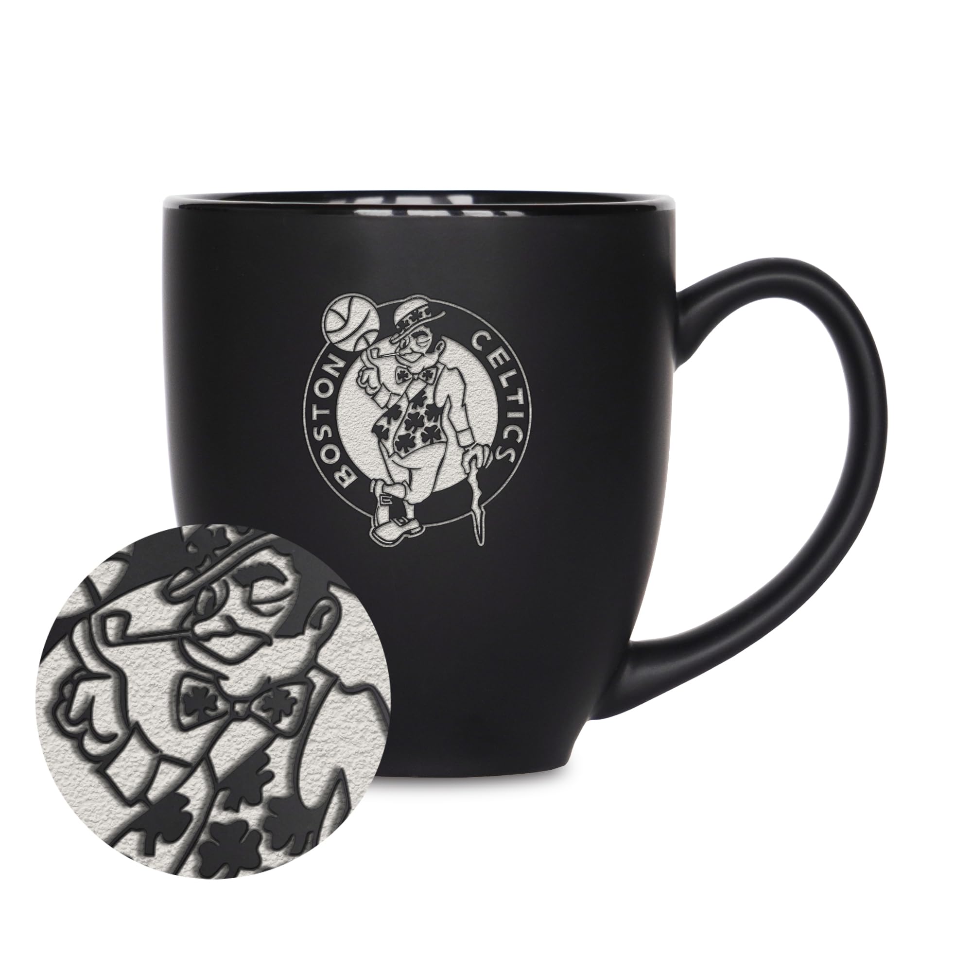 Rico Industries NBA Basketball Boston Celtics Primary 15oz Laser Engraved Matte Black Ceramic Bistro Mug - for Hot or Cold Drinks