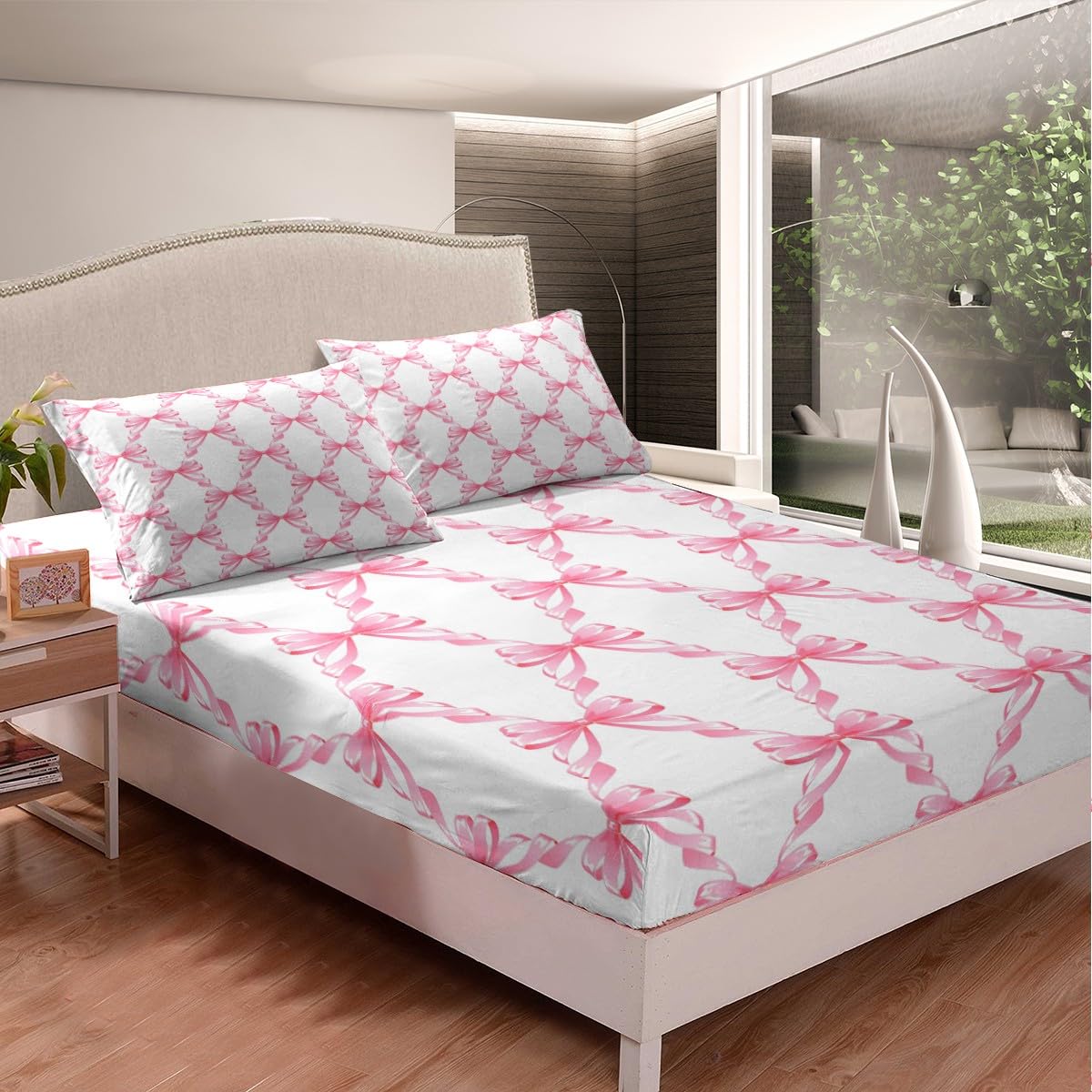 Homemissing Pink Bowknot Sheet Set for Girls Single Size Dreamy Princess Style Sheets with Deep Pocket Fitted Sheetative Cute Bow Fairy Tale Theme Girly Bed Sheets Set Geometric Bedding Set 3Pcs - Image 2