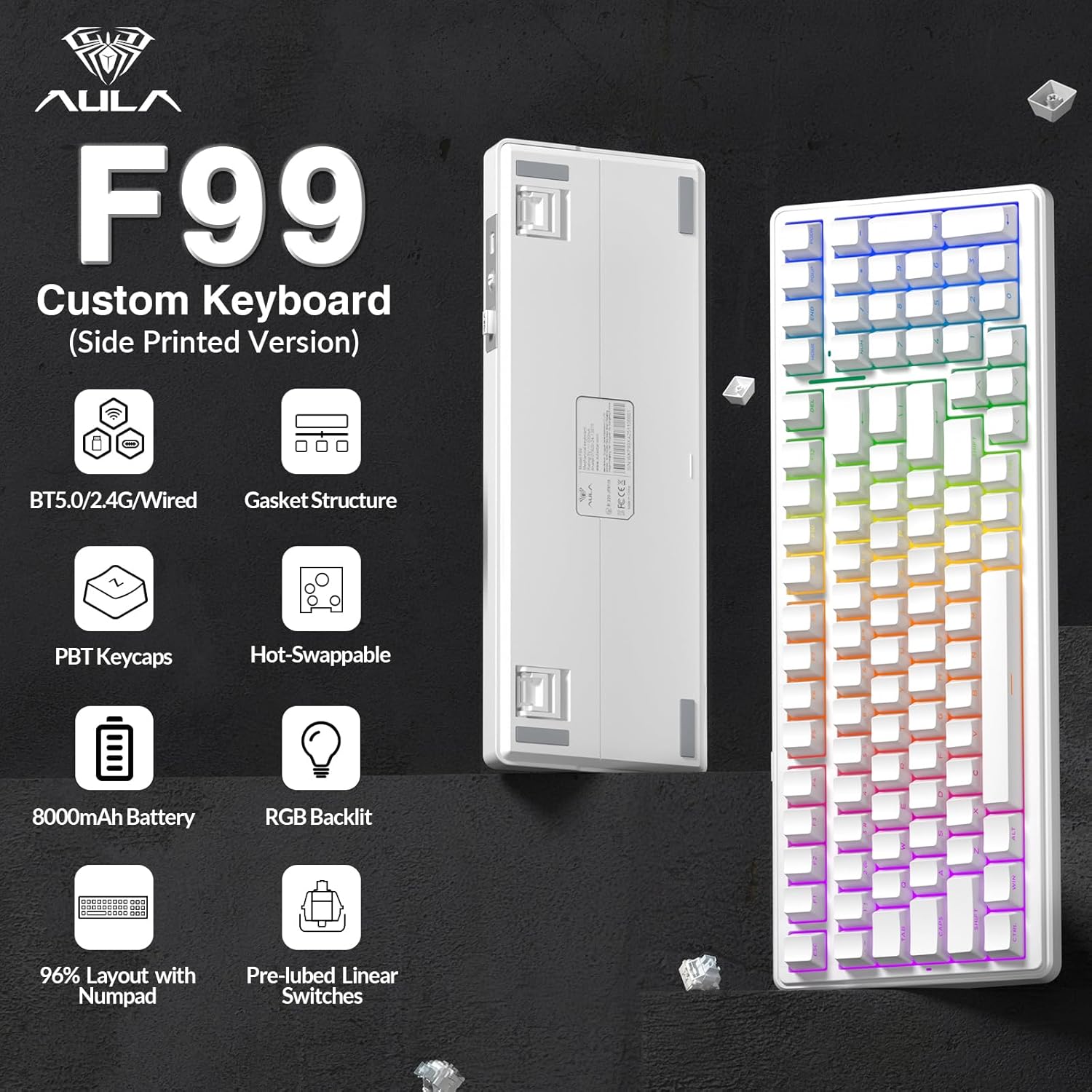 AULA F99 Wireless Mechanical Keyboard,Triple-Mode(BT5.0/2.4GHz/USB-C),Gasket Mounted Creamy Keyboard with Linear Switches, Side Printed PBT Keycaps,RGB Backlit PC Gaming Keyboards for Win/Mac