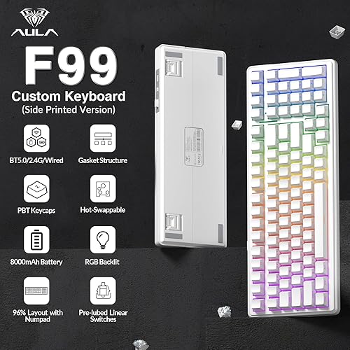 Miniatura 2 de AULA Teclado mecánico inalámbrico F99, triple modo (BT5.0/2.4GHz/USB-C), teclado cremoso montado en junta con interruptores lineales, teclas PBT