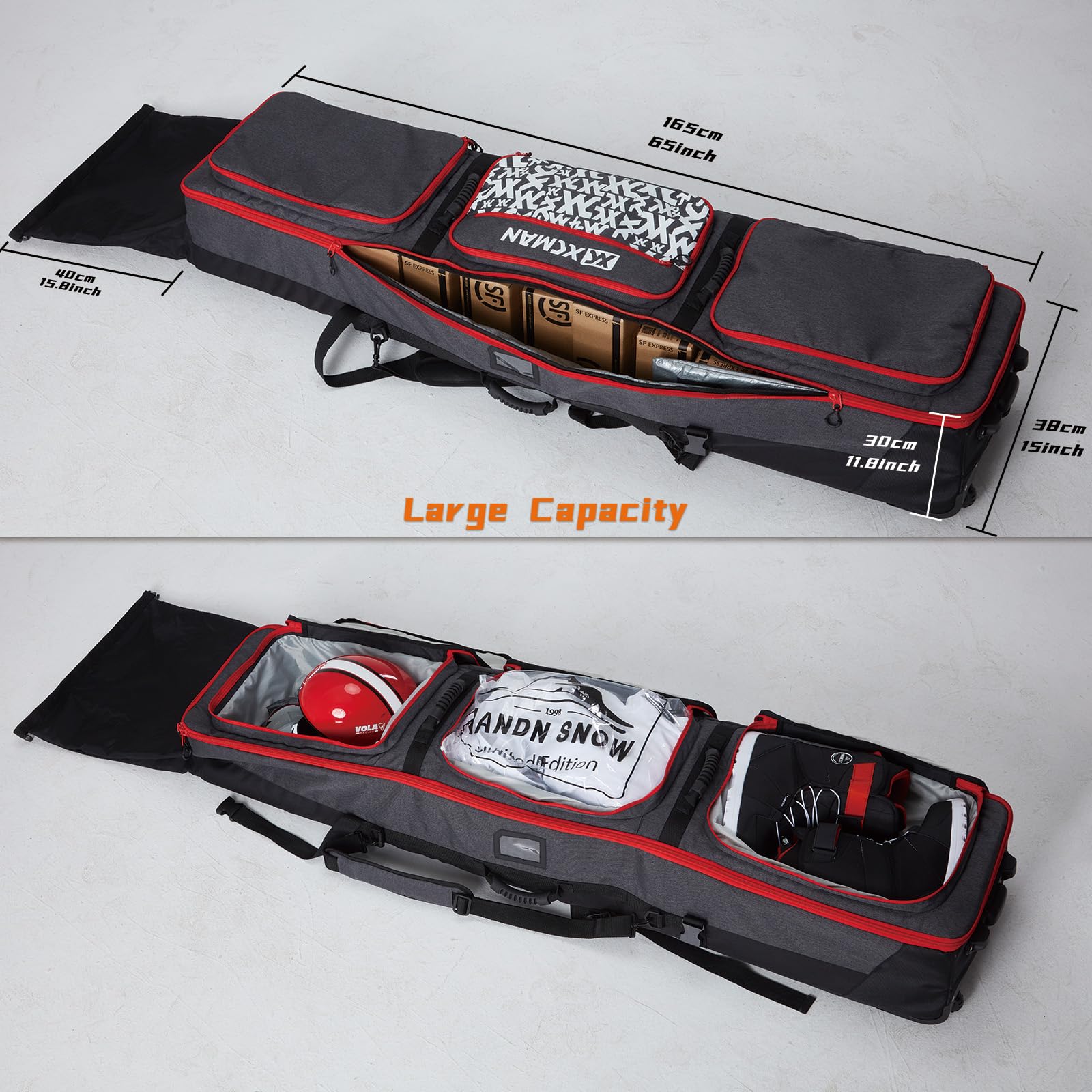 XCMAN - Bolsa de Snowboard con Ruedas, Longitud Ajustable para Viajes en avión, Extra Larga/Ancha/Profunda, Impermeable, con Varillas de protección ABS y Lomo de protección PP - Versión 2020