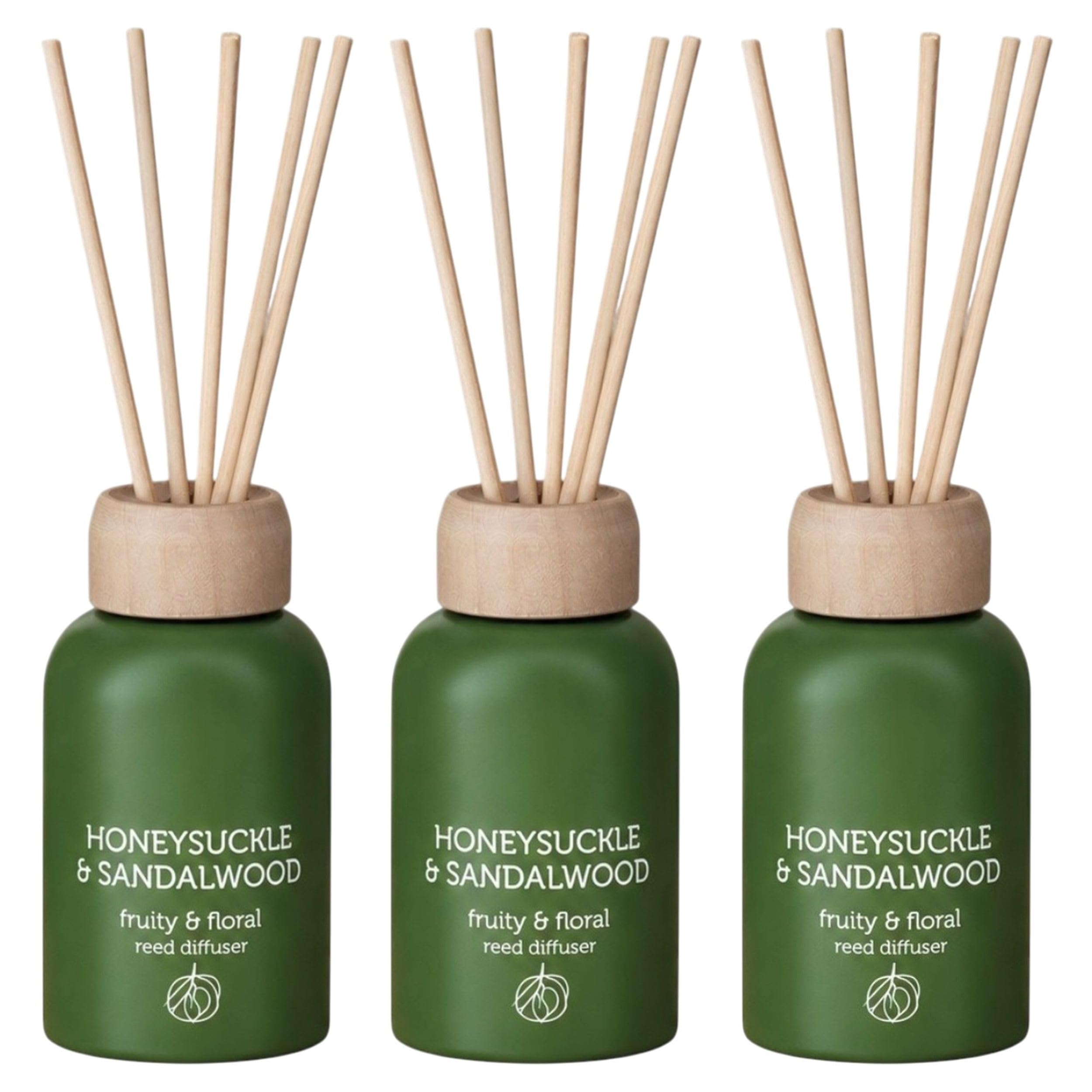 3 Small Reed Diffusers - Honeysuckle & Sandalwood Scented Home Fragrance Oil - Home Air Freshener - Scented Diffuser with Sticks - For Bedroom Bathroom Living Room, Home & Office Decor 50ml