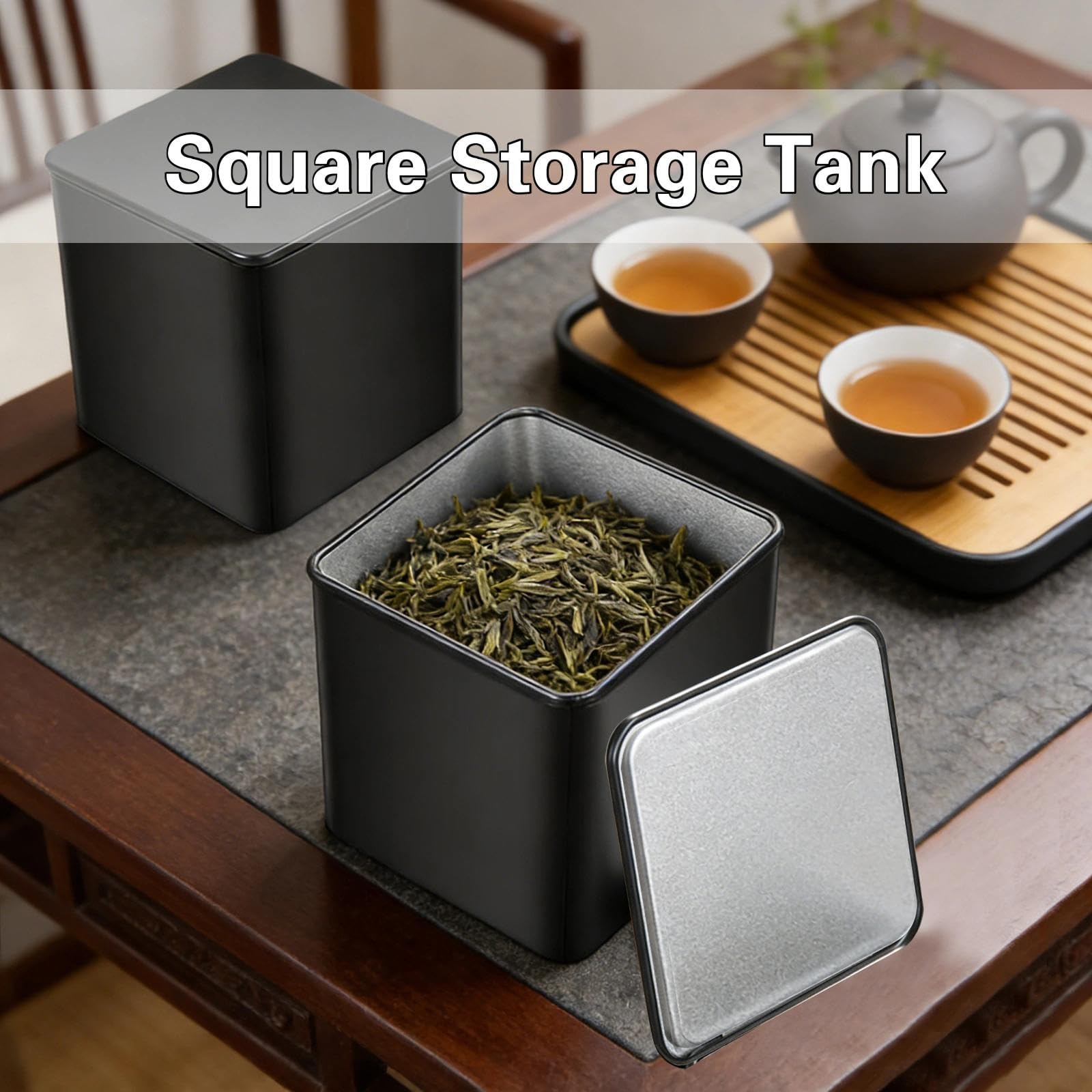 Teedosen Klassische Eckige, 3 Stück Teedosen für Losen Tee, Vorratsdose Metall mit Deckel, Tee Aufbewahrung Losen Schwarz Kaffeedosen 85 x 152 mm für Kaffee Zucker Oder Gewürze - 5