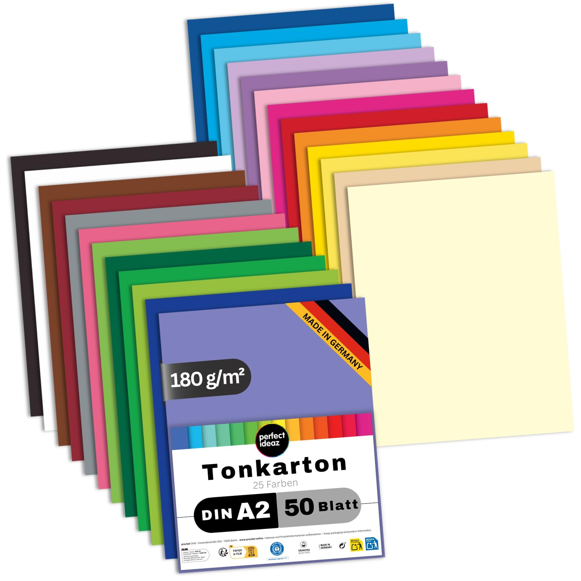 perfect ideaz - Tonkarton DIN-A2-50 Blatt Bastelkarton - 180 g/m² in 25 verschiedenen Farben je 2 Blatt - Blauer Engel zertifiziert, Made in Germany