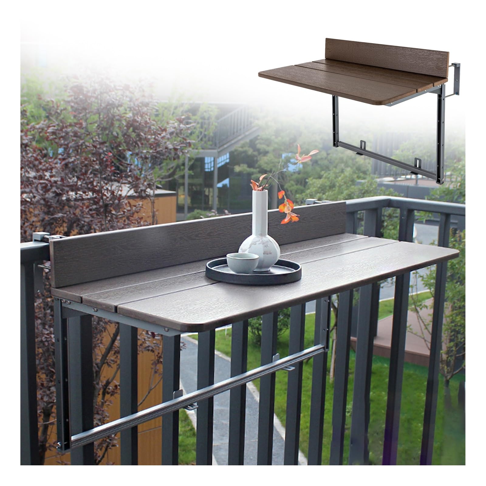 Mesa Plegable para barandilla de balcón Exterior, Ajustable, con Estructura de Aluminio Ligero, Altura Regulable, Capacidad de 40 kg y diseño Compacto (37 cm x 80 cm).