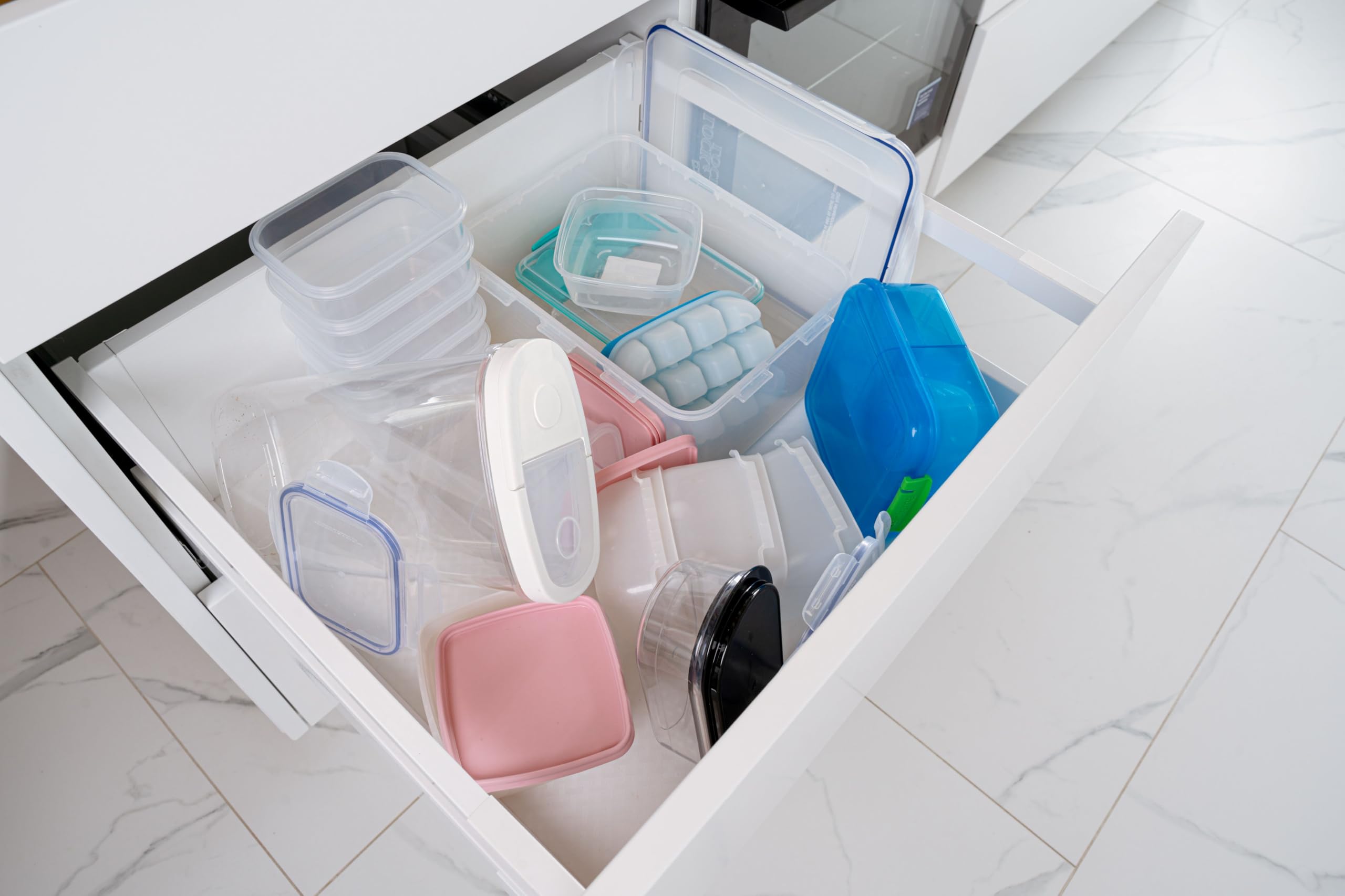 Nest24 – organizer do szuflady kuchennej z 24 pojemnikami na żywność układanymi jeden w drugi – kompatybilny z LocknLock HSM3640, HSM3660, HSM3680 – 17,9 l (52,3 × 52,6 × 20,0 cm)