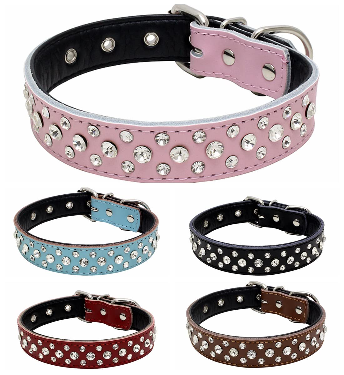 Haoyueer Collare per cani con strass, regolabile, con borchie di cristalli scintillanti, in vera pelle, per cani di piccola e media taglia (M, bianco)