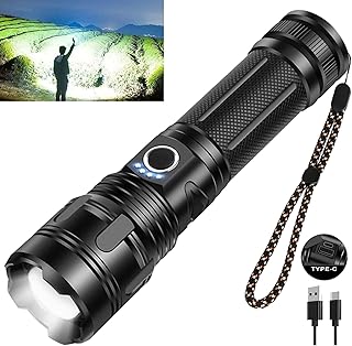 Rechargeable Flashlight, Tactical XHP70 Flashlight 20000 High Lumens, LED Flashlight with Zoomable, 5 Modes, with USB Output, Military Grade Waterproof LED Flashlights for Camping, Hiking, Emergencies