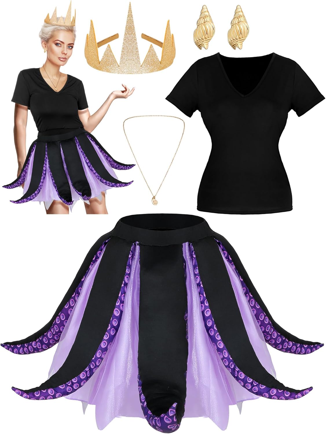 Ramede 5 Pcs Women Octopus Costume Halloween Witch Costume Purple Cosplay Tentacle Skirt Gold Necklace Earring