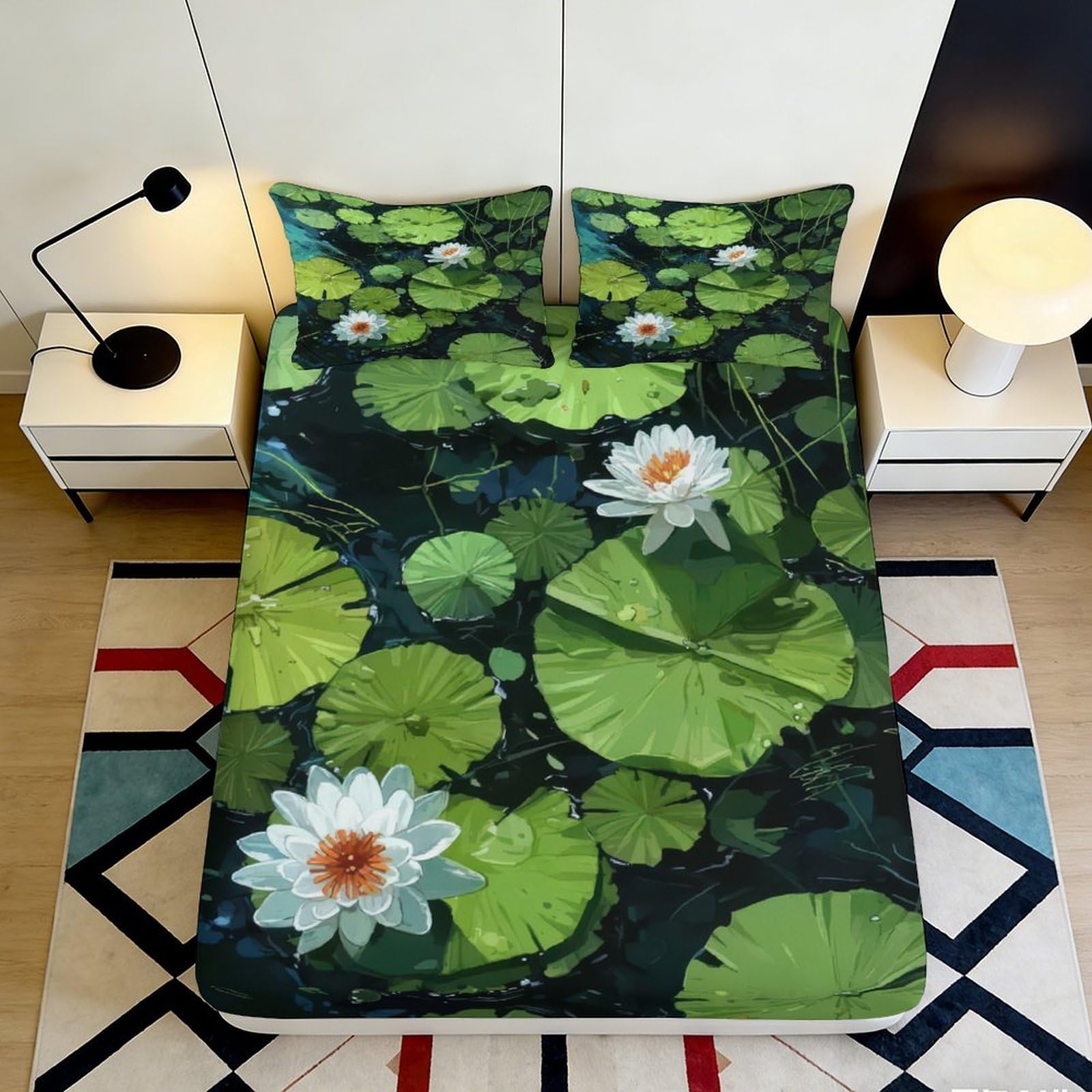 3D Printed Water Lily Pond Fitted Sheet Microfiber Soft Decorative Lotus Leaf Bed Cover for Bedroom Guest Room 90x200x25cm
