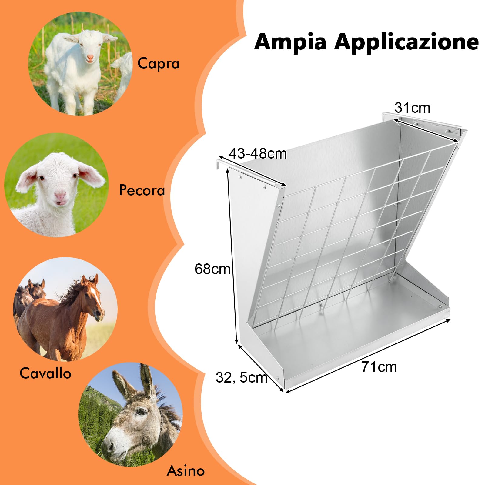 GYMAX Rastrelliera per Fieno da Parete, 2-in-1 Mangiatoia per Fieno e Grano con Ganci Doppi Regolabili, Foraggio in Metallo Zincato Pesante, Mangiatoia Sospesa per Recinto Stalla Fattoria