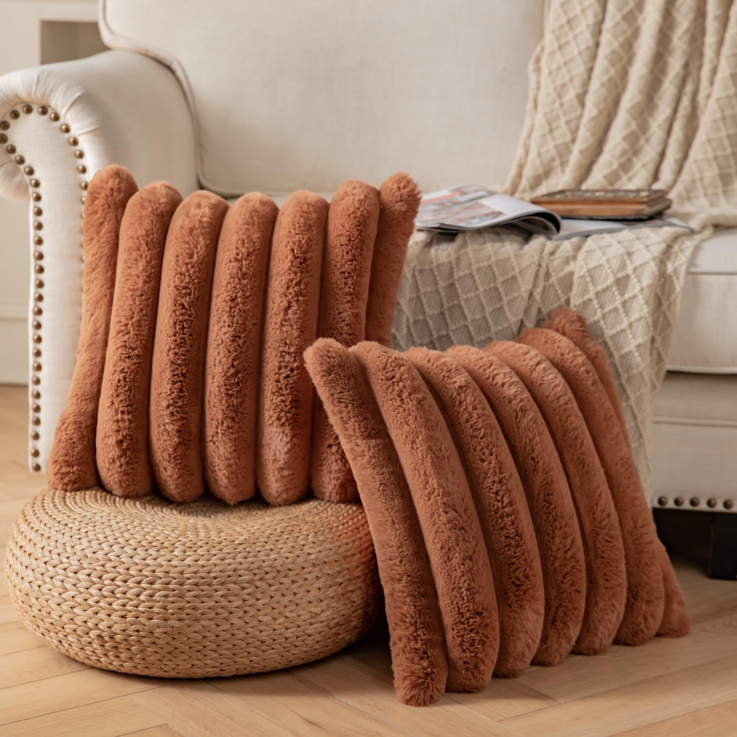 YAERTUN Set of 2 Brown Striped Decorative Cushion Covers 26x26 Inch 65x65 cm Plush Soft Throw Pillow Case with Velvet Back Faux Rabbit Fur Pillow Covers Sofa Couch Bed Livingroom - Image 4