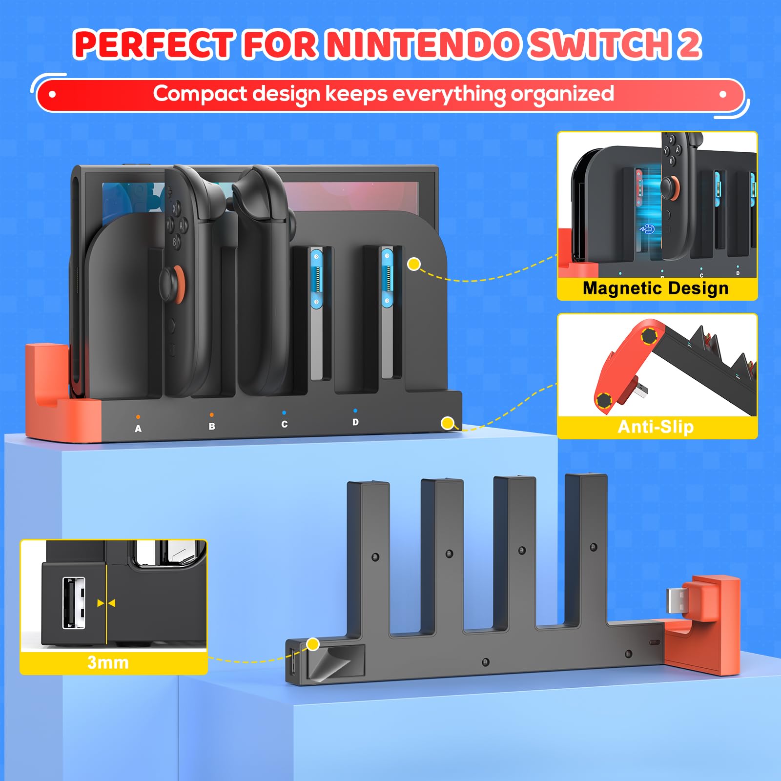 Base de Carga para Nintendo Switch 2, Joycon y Controladores con indicador de Carga LED, Carga rápida, Apagado automático, estación de Carga inalámbrica Switch 2 (Solo Compatible con Switch 2)