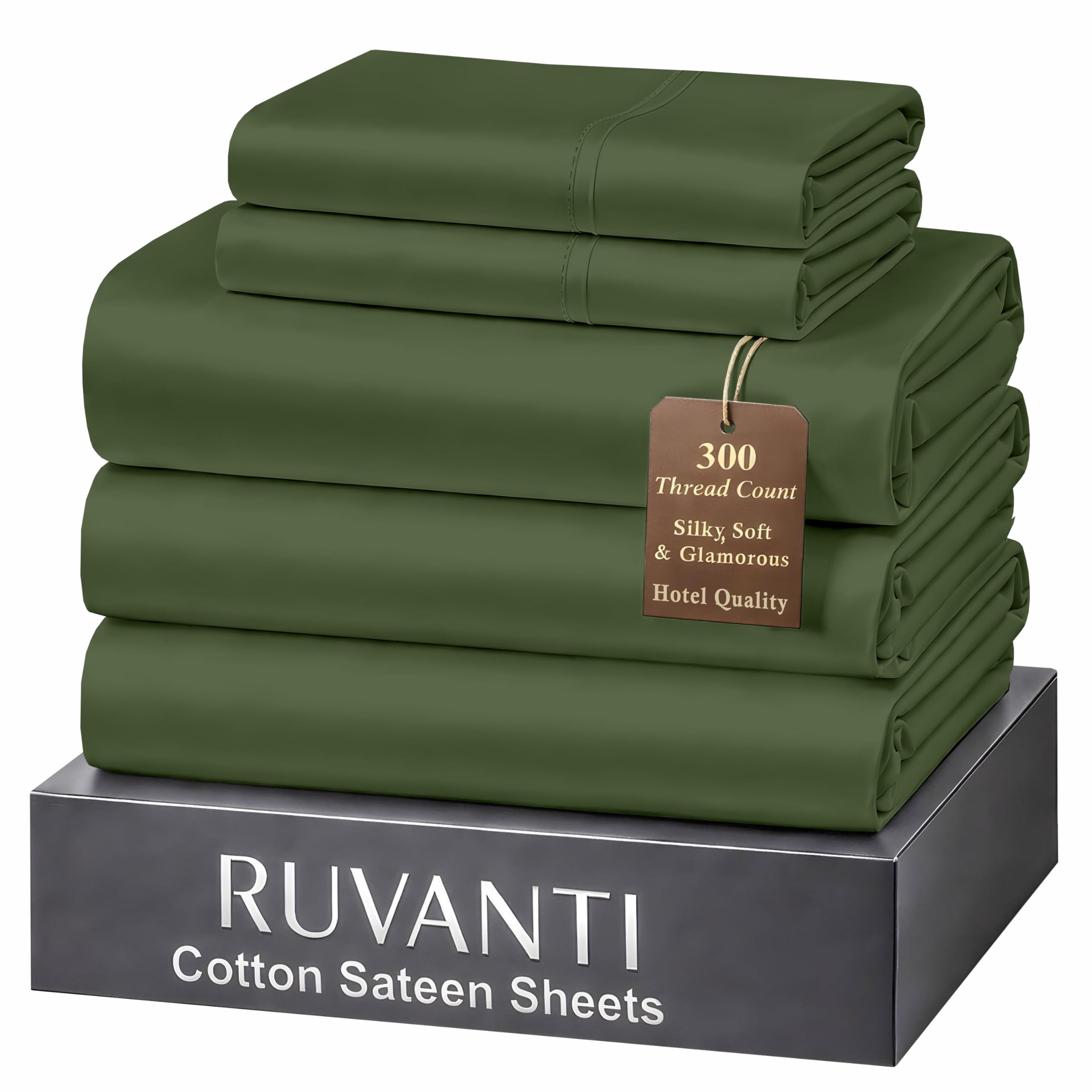 RUVANTI 100% Cotton Sheets Split King Size Bed Set - 300 Thread Count Silky Soft Sateen Weave, Cooling, Lightweight & Breathable, 16" Deep Pocket, Durable & Luxury Satin-Like, 5 Piece, Rifle Green — image 1
