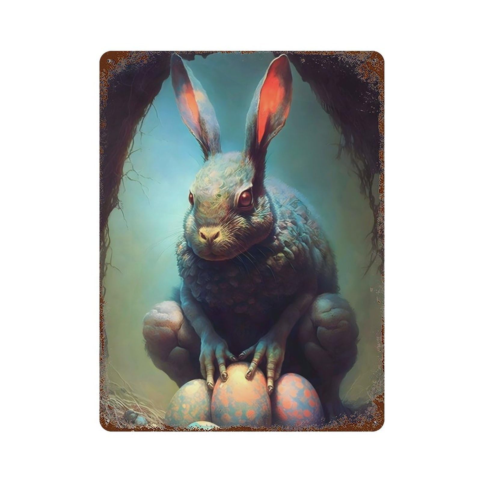 Distressed Metal Wall Sign with The Evil Rabbit Design 15.7"x11.8", for Living Room, Hallway And Home Decor, Vintage Wall Decor