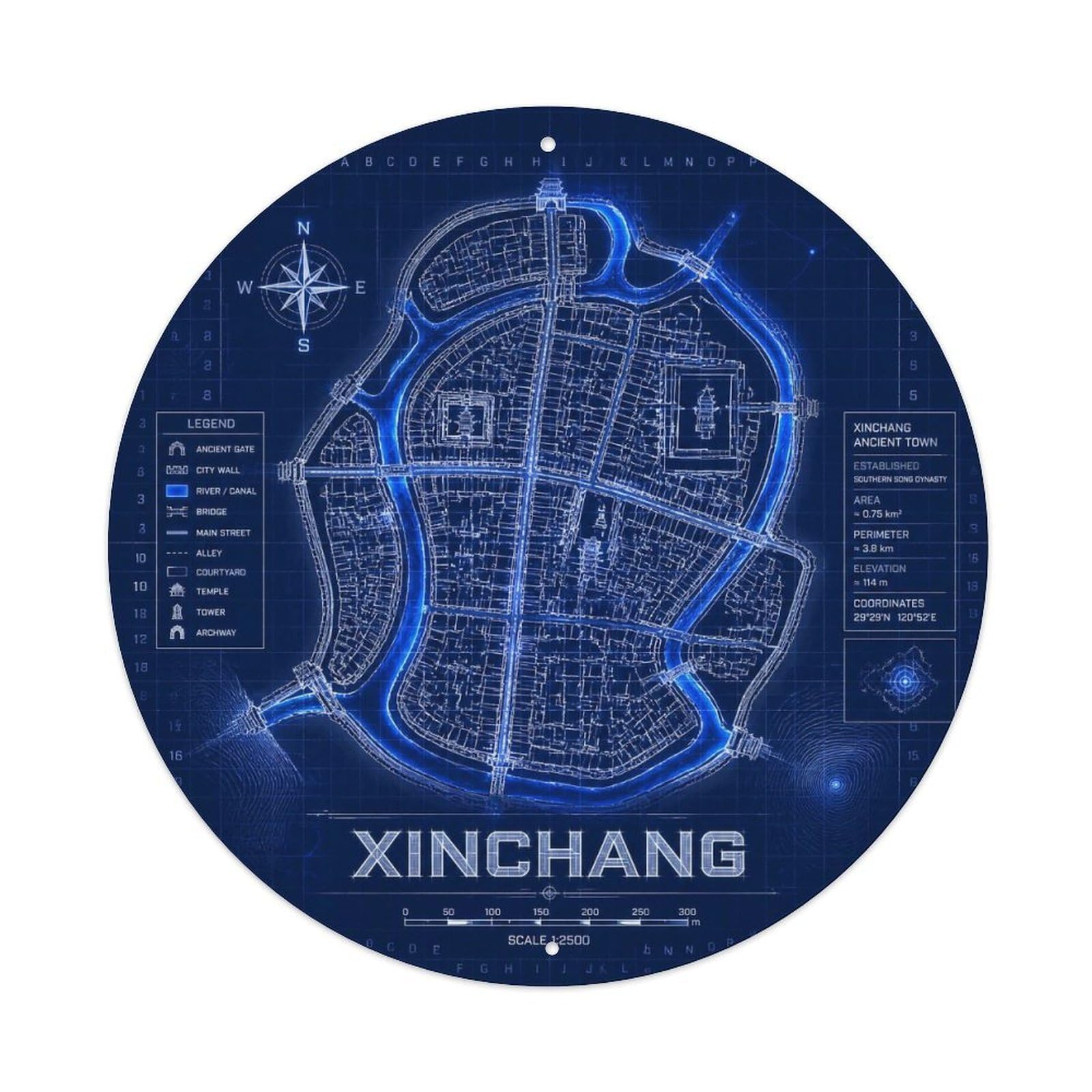 Okngb Style Xinchang District Shanghai Travel Map Landmark Route Metal Tin Sign Plaque Wall Decor For Cafe, Man Cave, Club Bar, Office, Home Garden Round Metal Poster 8X8inch