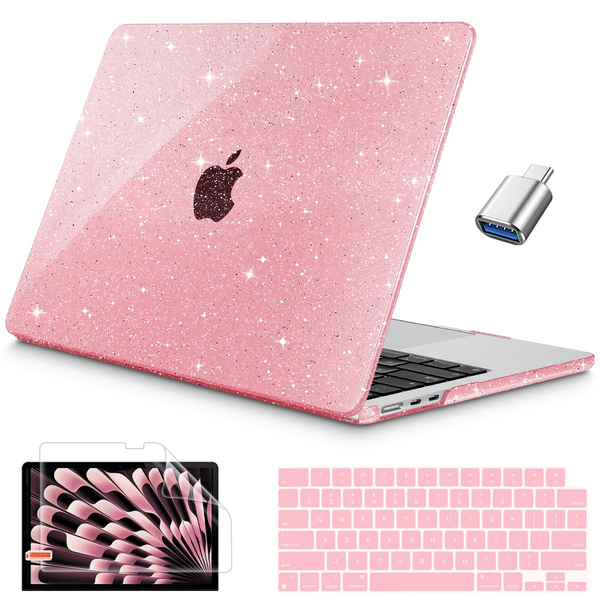 MektronCase for MacBook Air 15 INCH 2024 M3 A3114 /2023 M2 A2941 Case with 15.3" Liquid Retina Display & Touch ID Cover, Plastic Hard Shell with Screen Protector, Glitter Pink