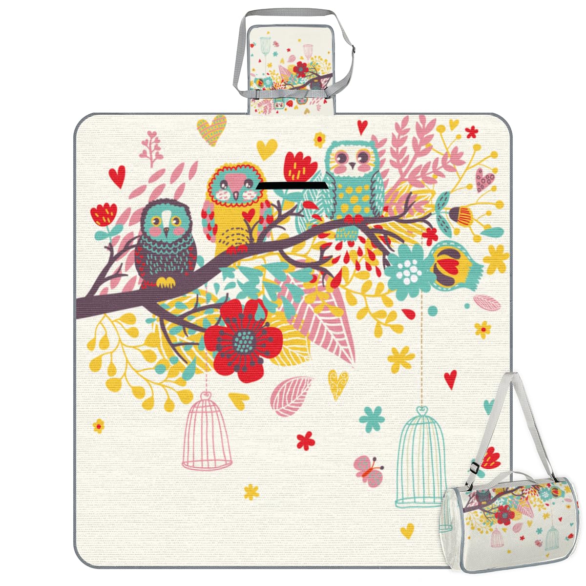 Shimoshe Picnic Blankets 57”x 59”, Colorful Twig Owl Waterproof Sandproof Picnic Mat Lightweight Foldable Beach Blanket for Camping Park Grass Beach Outdoor Blanket