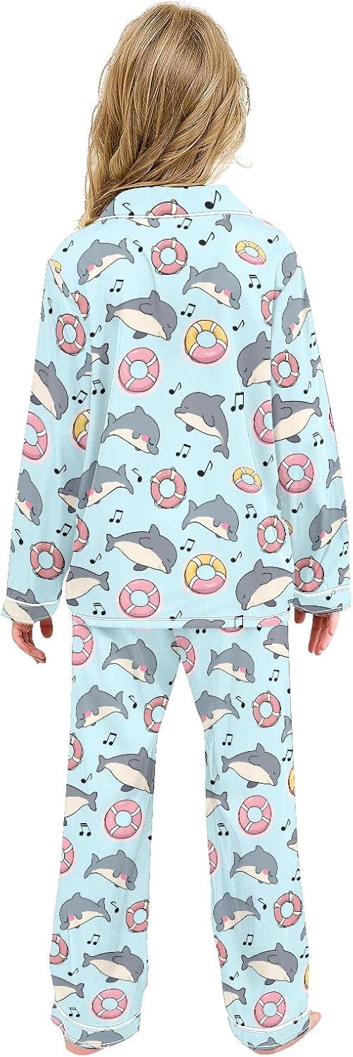 Kids Casual Satin Wear Set Dolphin Swimming Circle Pattern Unisex Relaxed Fit Clothing