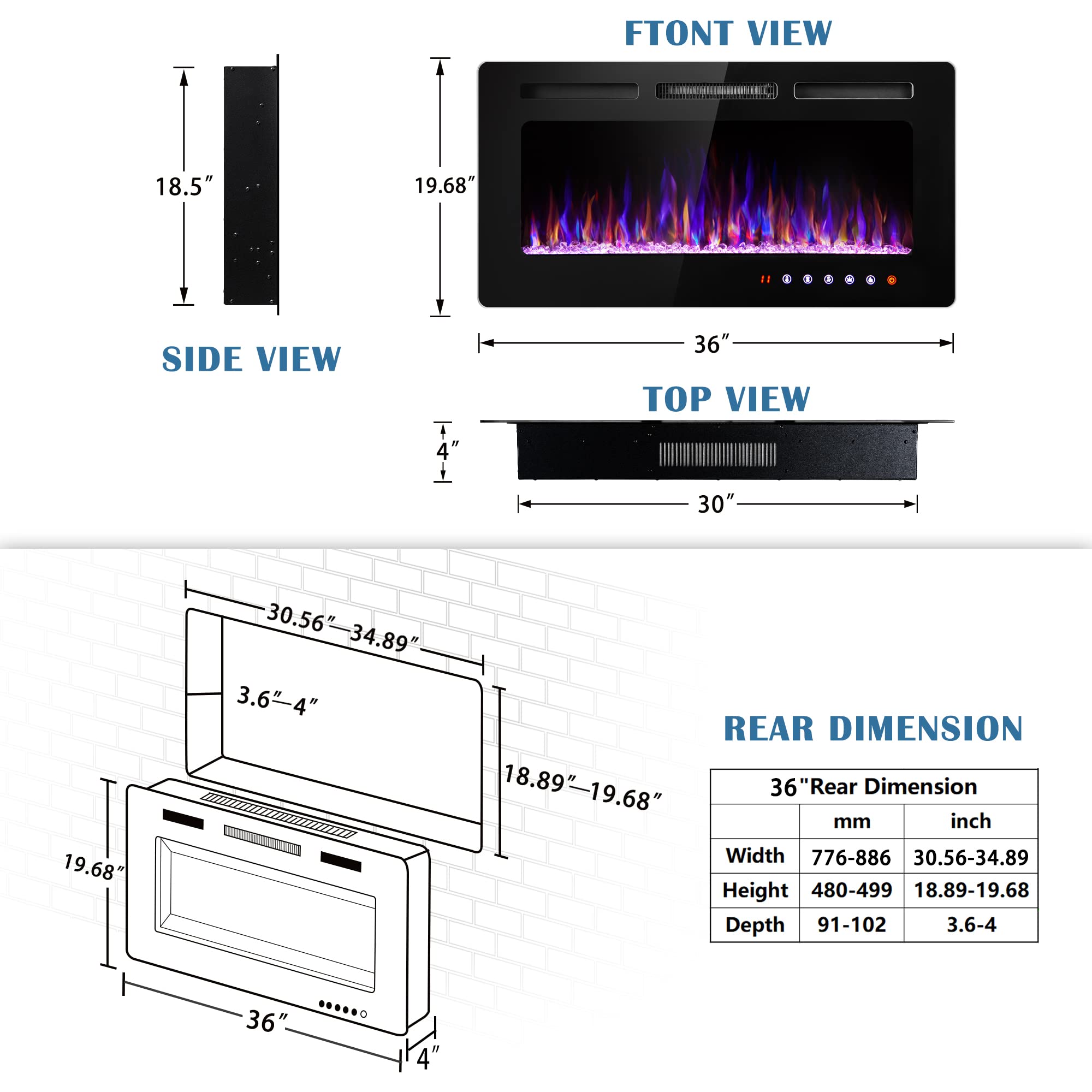 Amazon.com: SUNNY FLAME Electric Fireplace 36 Inch Insert and Wall Mounted,  Fireplace Heater, Log Set u0026 Crystal Options, Remote Control with Timer,  Adjustable Flame Color 750/1500W Heat : Home u0026 Kitchen