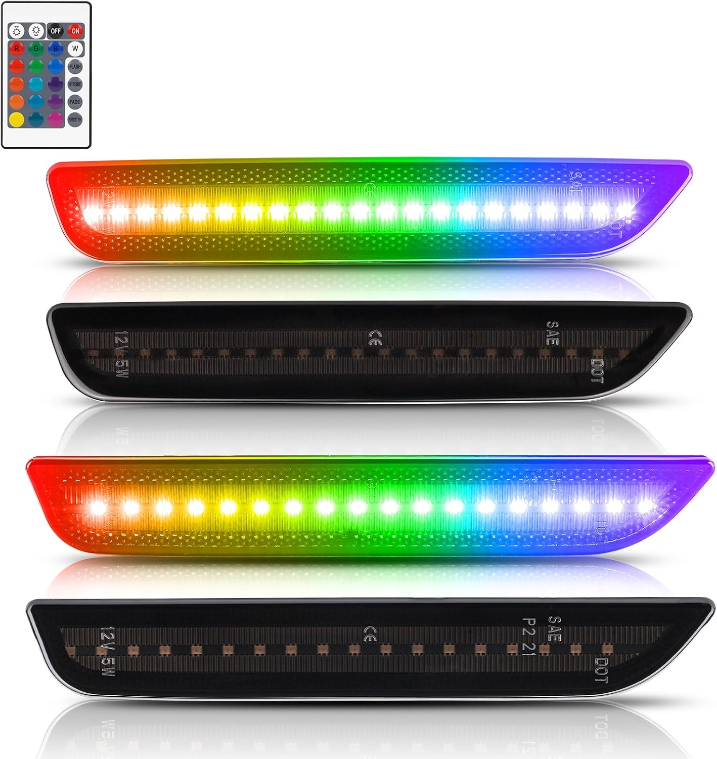 RGB LED Side Marker Lights 16-color Compatible with Ford Mustang 2010 2011 2012 2013 2014 Front Rear Fender Bumper Lamps Pack of 4 Smoked Lens Light