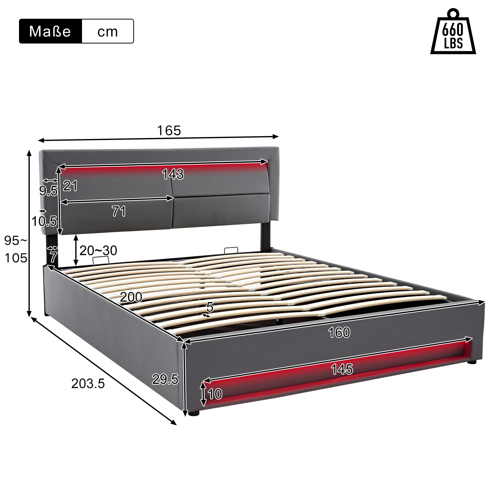 Letto imbottito 160 x 200 cm,Letto di stoccaggio idraulico,letto matrimoniale con illuminazione a LED e USB (ricarica wireless e via cavo), Materiale PU,per Bambini e adulti,Grigio