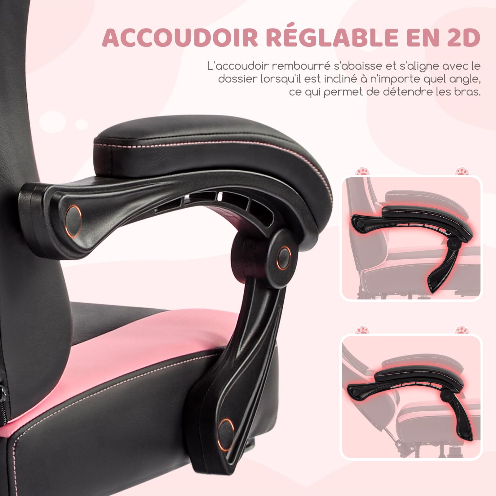 Hellove Chaise Gaming Ergonomique, Fauteuil Gamer avec Repose-Pieds Rétractable, Coussin Lombaire et Oreilles de Chat, pour Filles, Adolescents, Enfants, Cuir PU, Noir et Rose