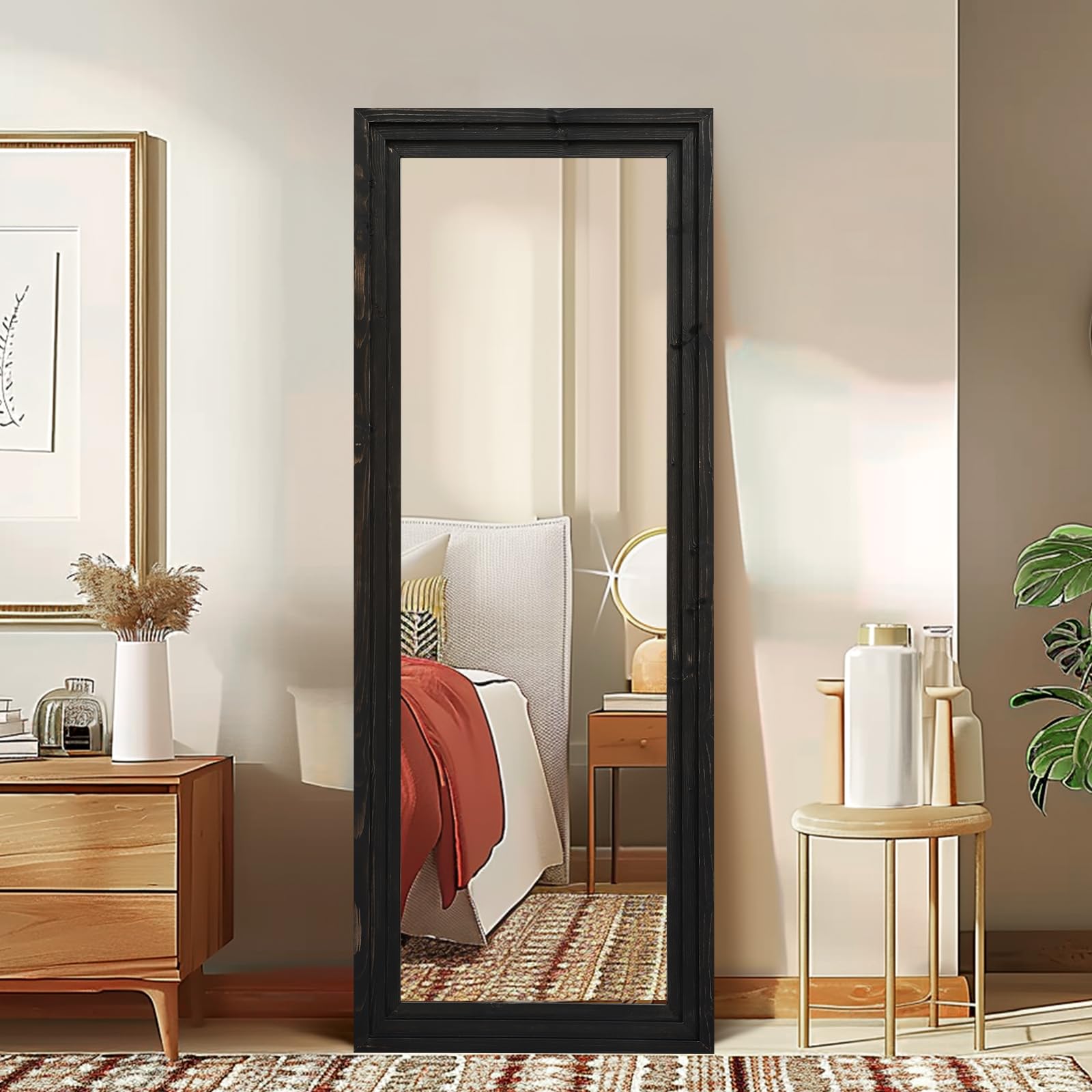Tunjig Rattan Full Length Mirror - 18x48 Inch, Wood Frame, Wall Mount Or Leaner
