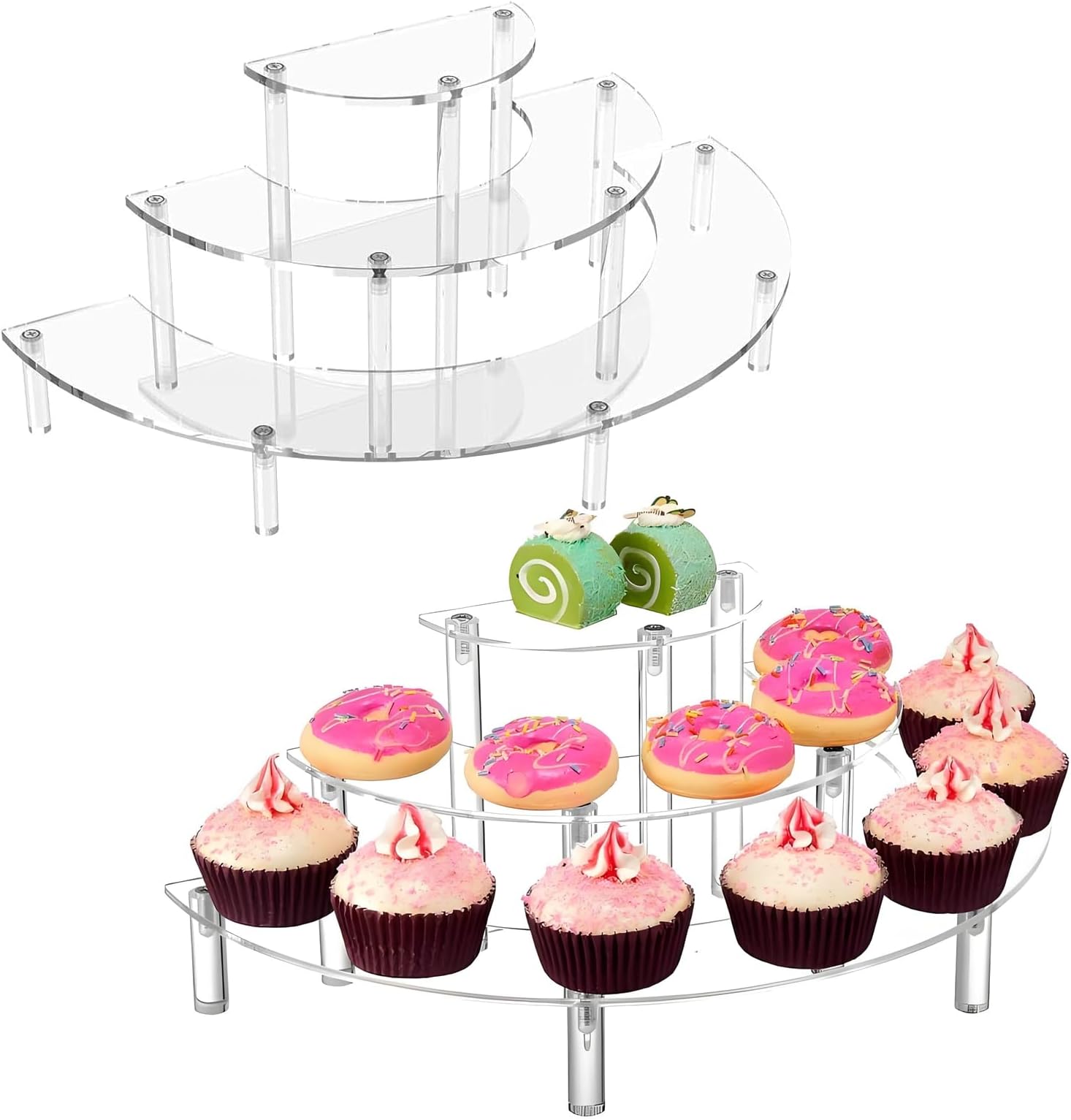 2PCS Acrylic Riser Display Stand, 3 Tiered Acrylic Display Stand Large Half Moon Tabletop Shelf Organiser Stands for Perfume Cupcake Figures Dessert