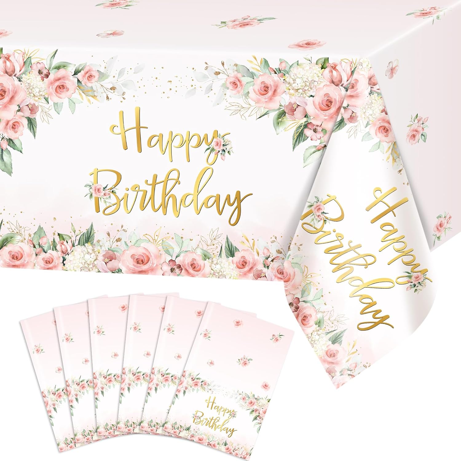Avezano Floral Happy Birthday Tableware and Floral Birthday Tablecloths Bundle