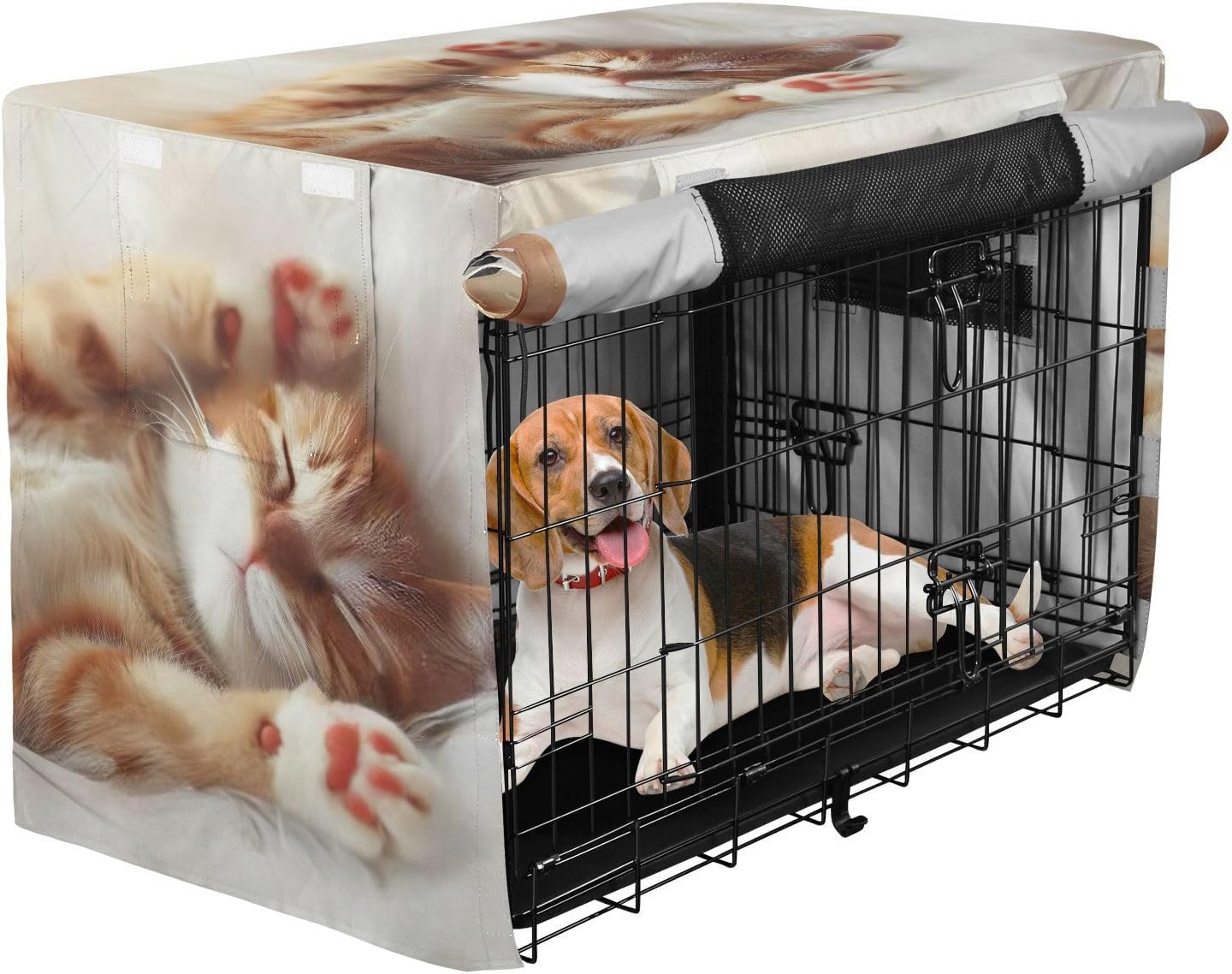 Cute Cat Kitten Print Pet Crate Cover with Roll-up Sides, Washable Crate Cover, Large