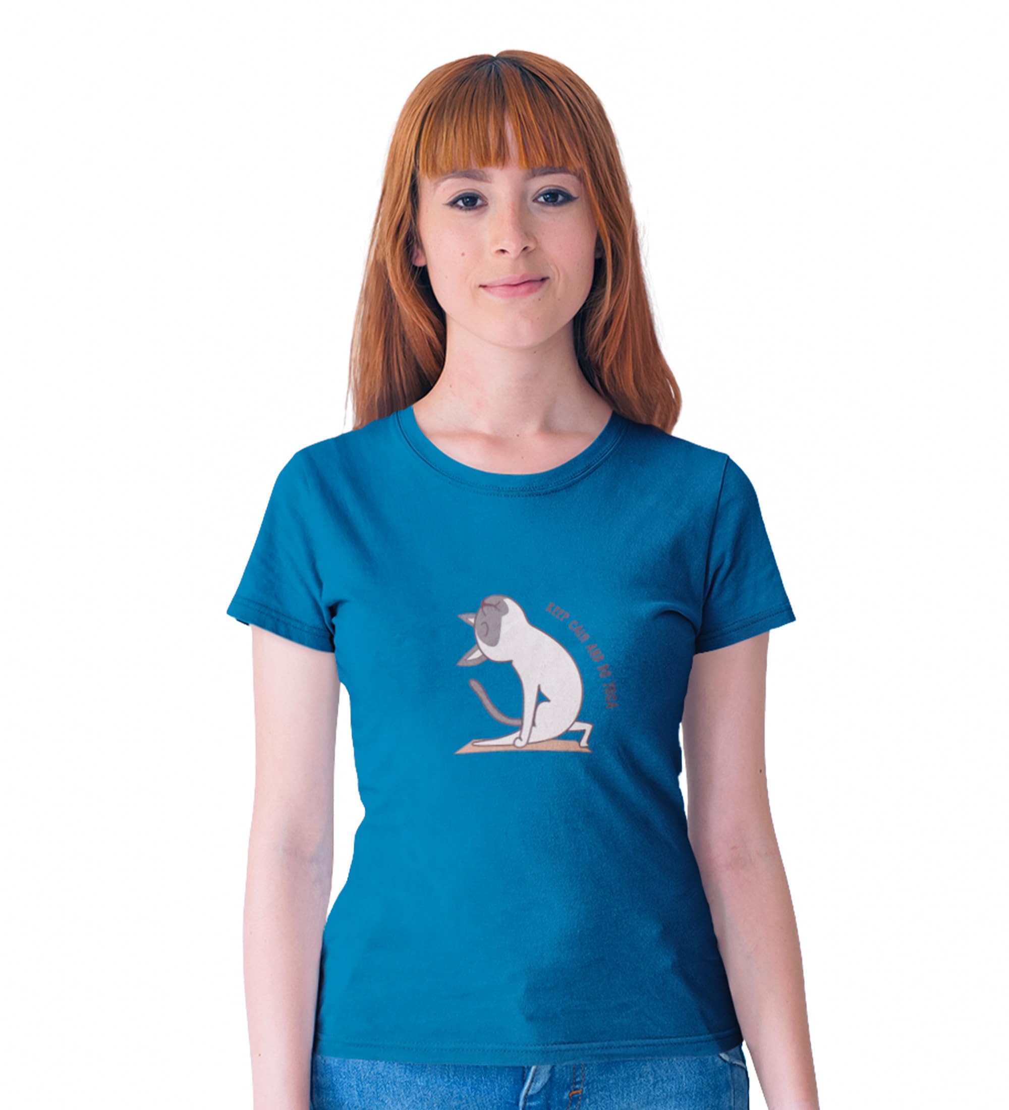 Keep Calm and Do Yoga Blue Round Neck Cotton Half Sleeved Women T-Shirt with Printed Graphics-image-9