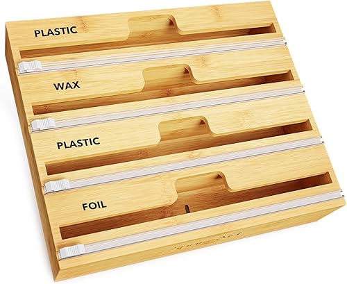 SpaceAid WrapNeat - Organizador de envoltura 4 en 1 con cortador y etiquetas, envoltura de plástico, papel de aluminio y dispensador de bambú de