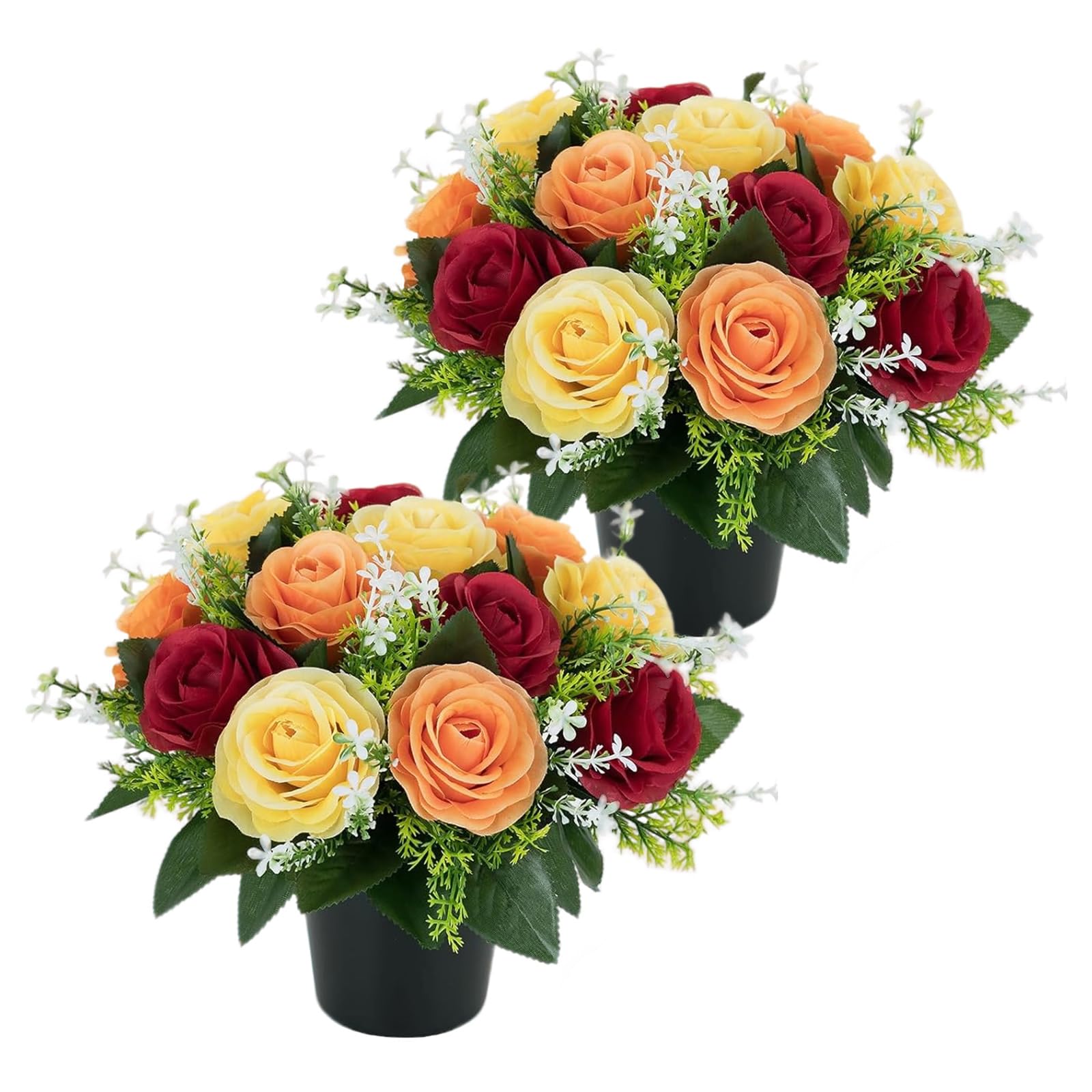 CECOMBINE 2 PCS Artificial Flowers for Graves, Red Yellow Orange Roses Memorial Arrangement, 25cm Silk Memorial Grave Flowers with Pots, Weatherproof Funeral Arrangements for Outdoor Graveside — image 1