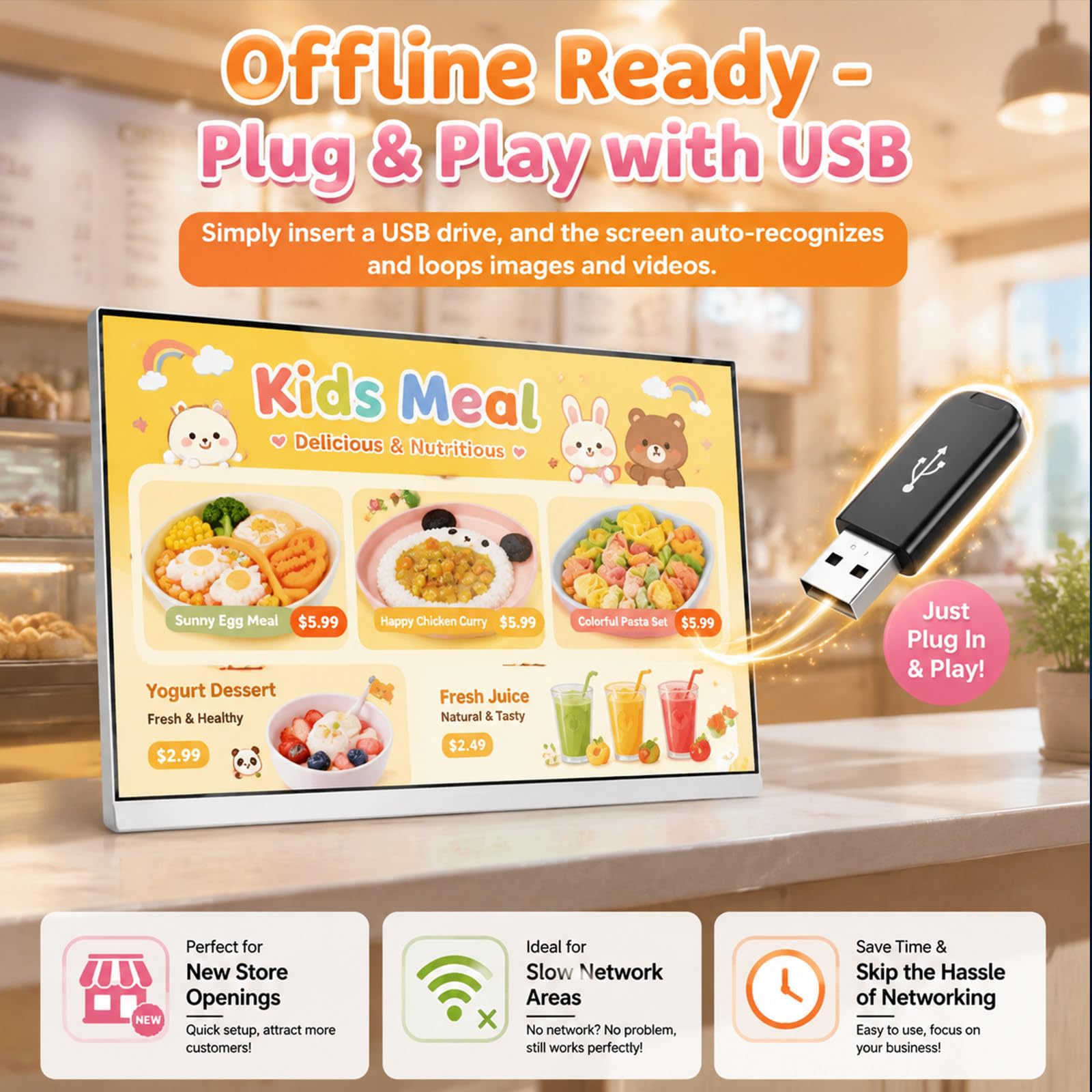 Speisekartenhalter 700 Nits Hochglanz-Kundenstopper, kostenlose Cloud & USB, Aluminium Nicht-Touch, intelligenter Timer für Imbiss & Pizzerias 27Inch
