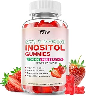 Myo-Inositol & D-Chiro Inositol Gummies, 40:1 Ratio Inositol Supplement with Vitamin D3, Magnesium Glycinate, Folate & Zinc, for Support Hormonal Balance & Wellness, Strawberry Flavor, 60 Count