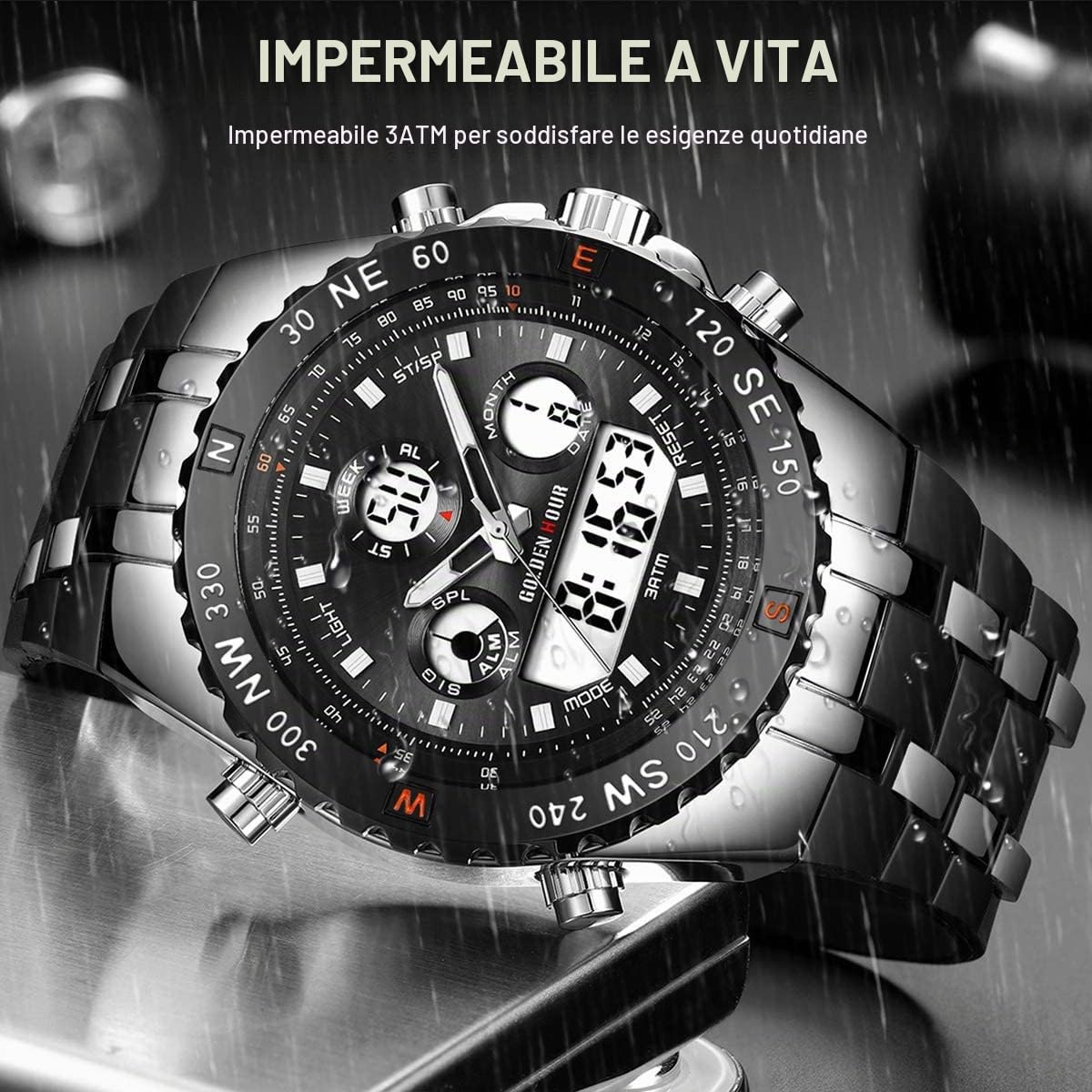 Orologio sportivo da uomo, impermeabile, cronometro, data, sveglia, luminoso, digitale, analogico, militare, con cinturino in gomma