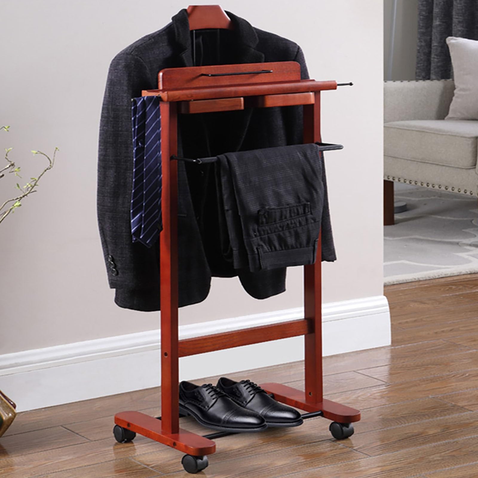 Rolling Suit Hanger Butler Clothes Rack with Base, Floor Standing Suit Valet Stand for Men & Women with Trouser Rack and Tie Holder for Living Room, Bedroom, Office