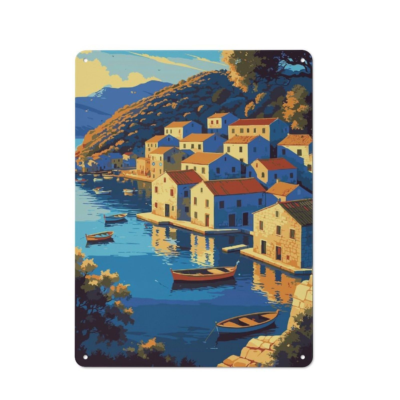 Junmoney Style-22 Coastal Village With Boats And Reflections Metal Wall Art Sign 40X30cm, Vintage Old Style Wall Plaque For Living Room, Hallway, Kitchen Or Cafe