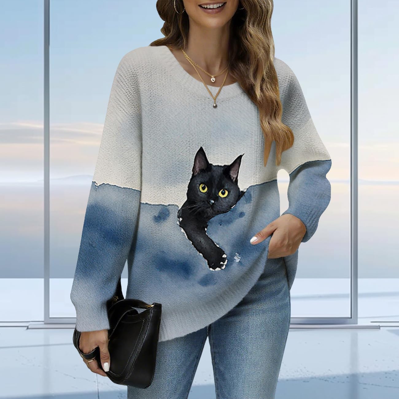 Women's Cats Sweater Animal Printed Oversized Casual Loose Knit Tops Christmas Long Sleeve Funny Clothes Winter Fall - Image 2