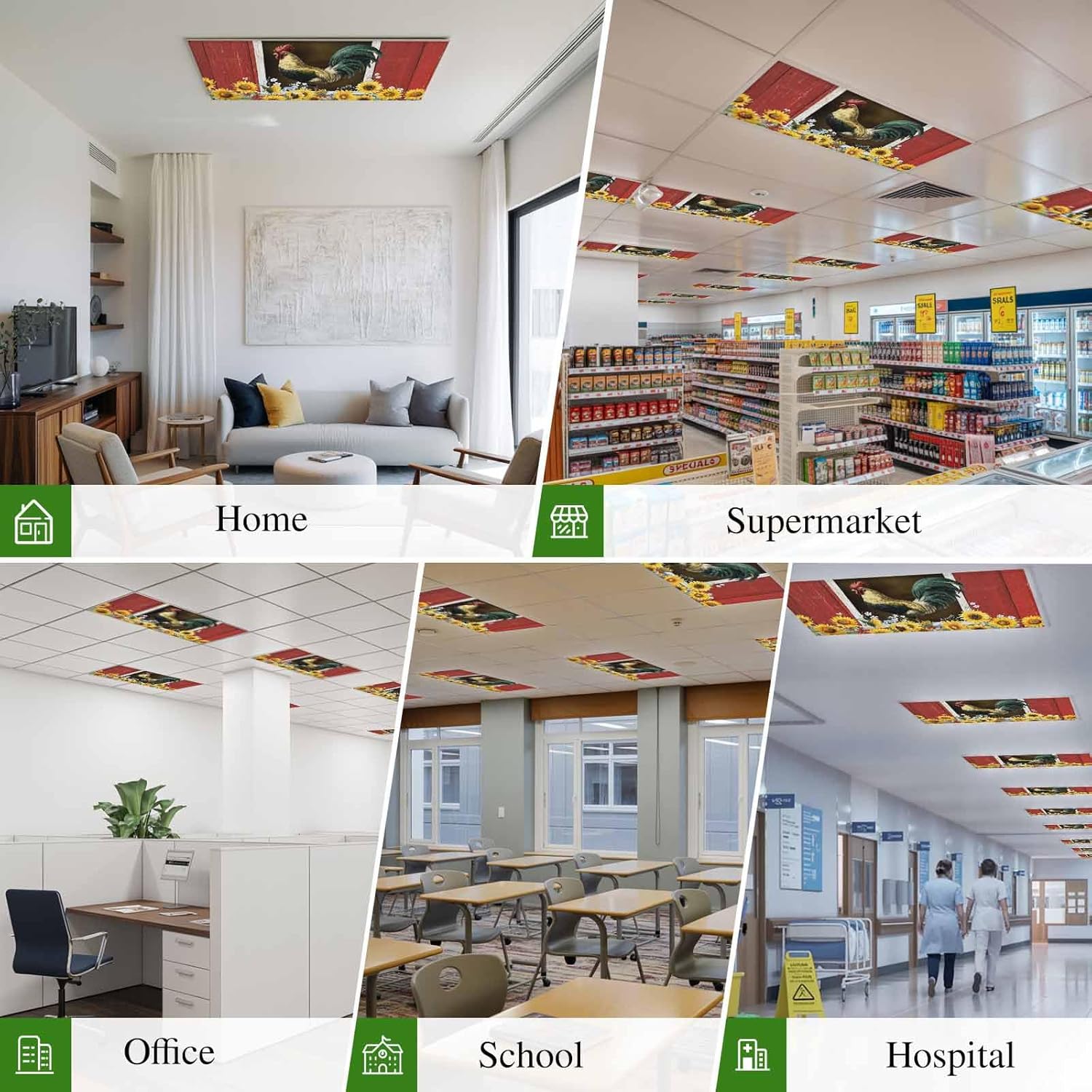 Chicken Sunflowers Fluorescent Light Covers for Ceiling Lights 4x2 feet,4 Pack Magnetic Light Filters for Classroom,Farmhouse Animals Red Barn Bees Fluorescent Lamp Shade Panel for Office School Drop