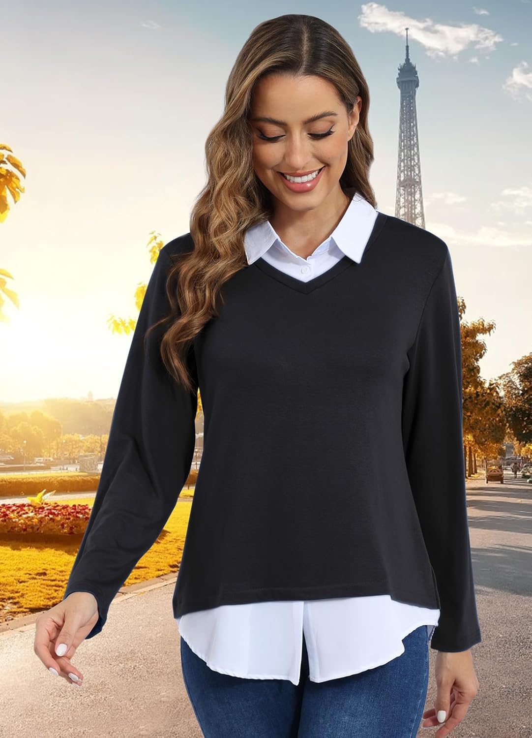 MISS FORTUNE Women's V-Neck Fall Winter Sweater Collar 2 in 1 Casual Long Sleeve Patchwork Office Pullover Shirts 2025 - Image 4