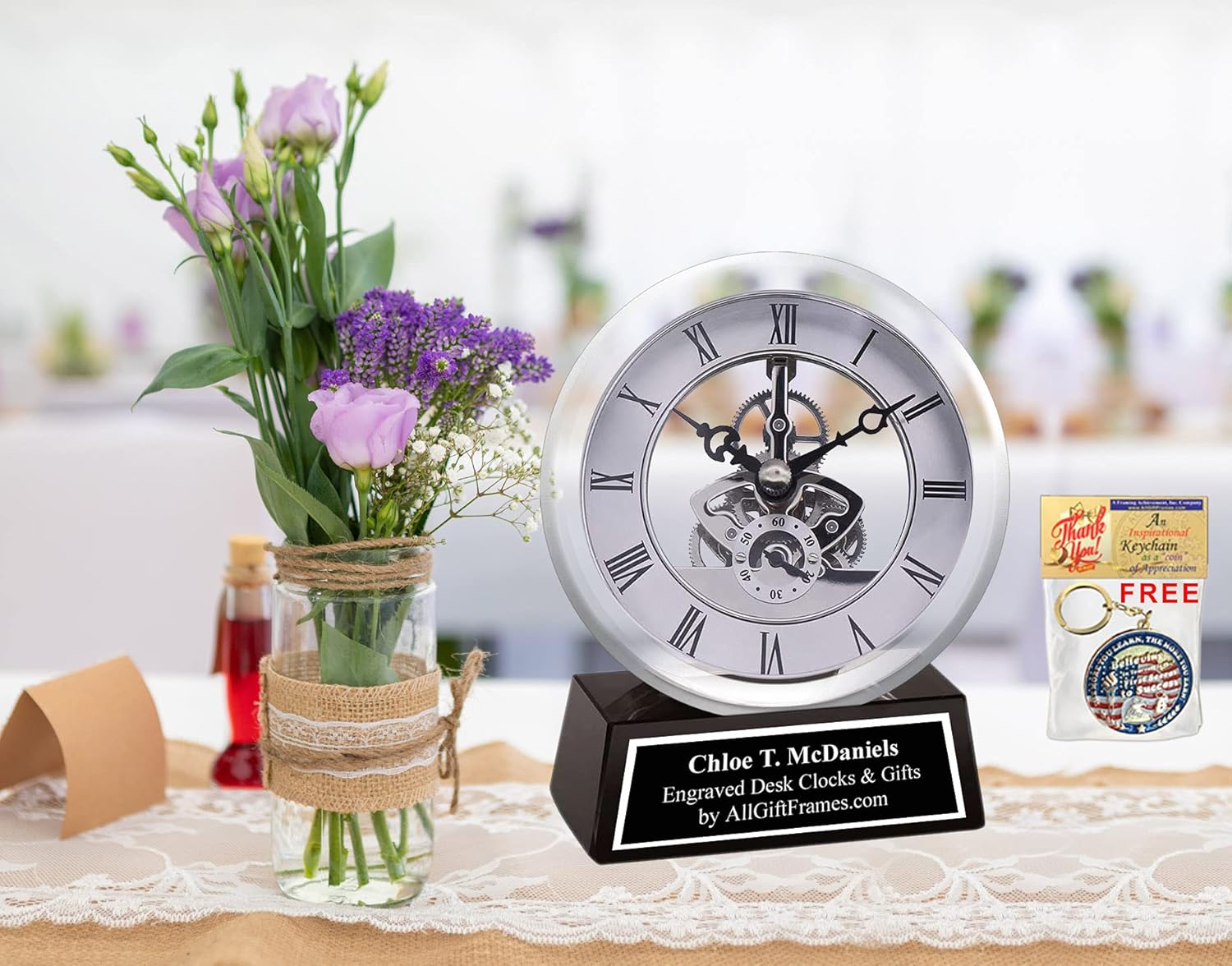 Custom Engravable Clear Transparent Desk Clock Davinci Gears Black Engraving Silver on Glass Base Personalized Tabletop Best Decorative Clocks Engineer Gift Retirement