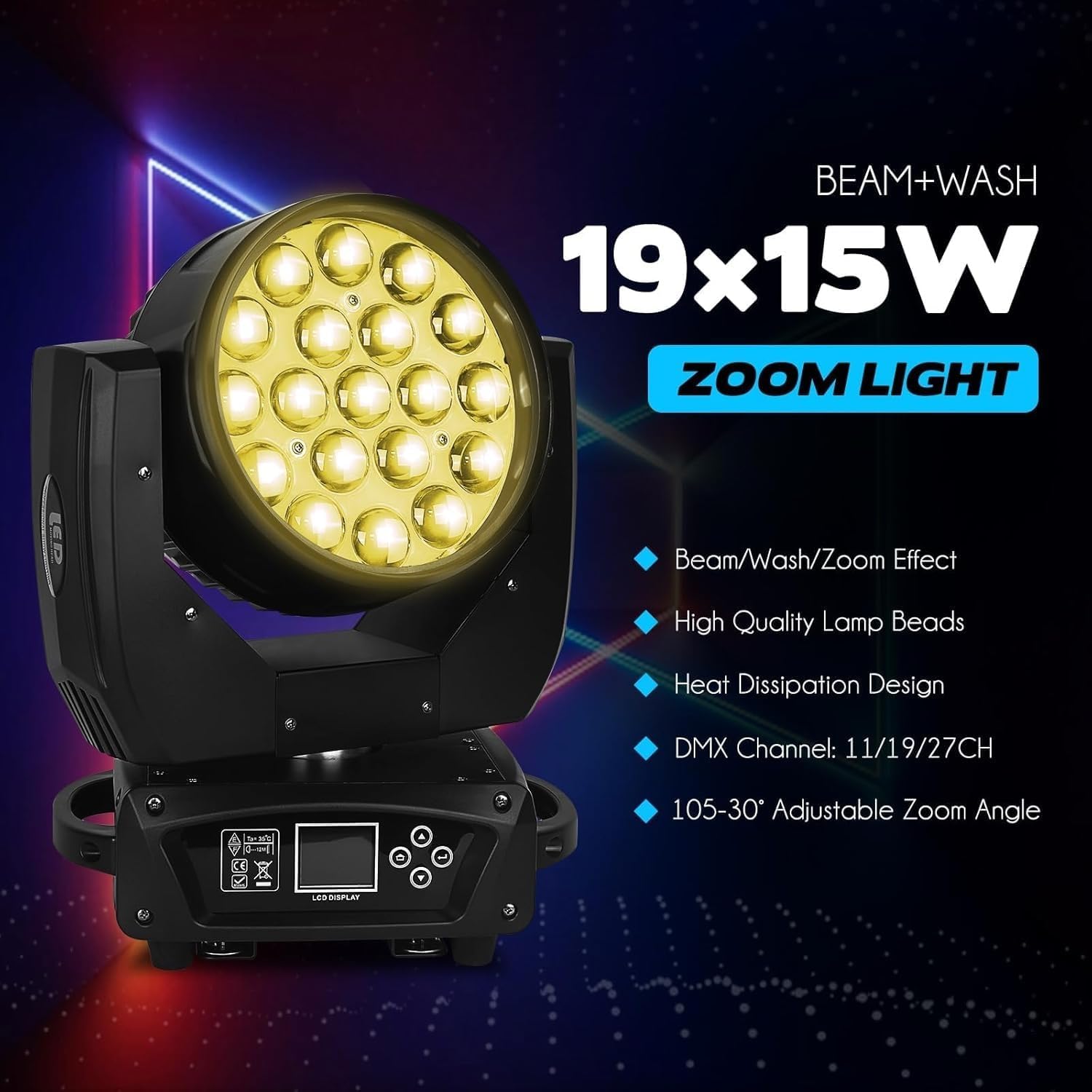 19x15W Moving Head Light for Stage Lighting Effect, RGBW 4-in-1 LED Stage Light with Zoom Beam Wash, Auto DMX Control for Wedding DJ Disco Music Party Nightclub Show Bar (1 Pack)