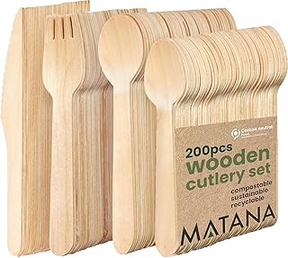 MATANA 200er Holzbesteck Set - 50 Messer, 50 Gabeln, 50 Löffel, 50 Teelöffel - Umweltfreundlich, Biologisch Abbaubar, Kompostierbar & Plastikfrei - Einwegbesteck für Party, Picknick, Events, Grillen